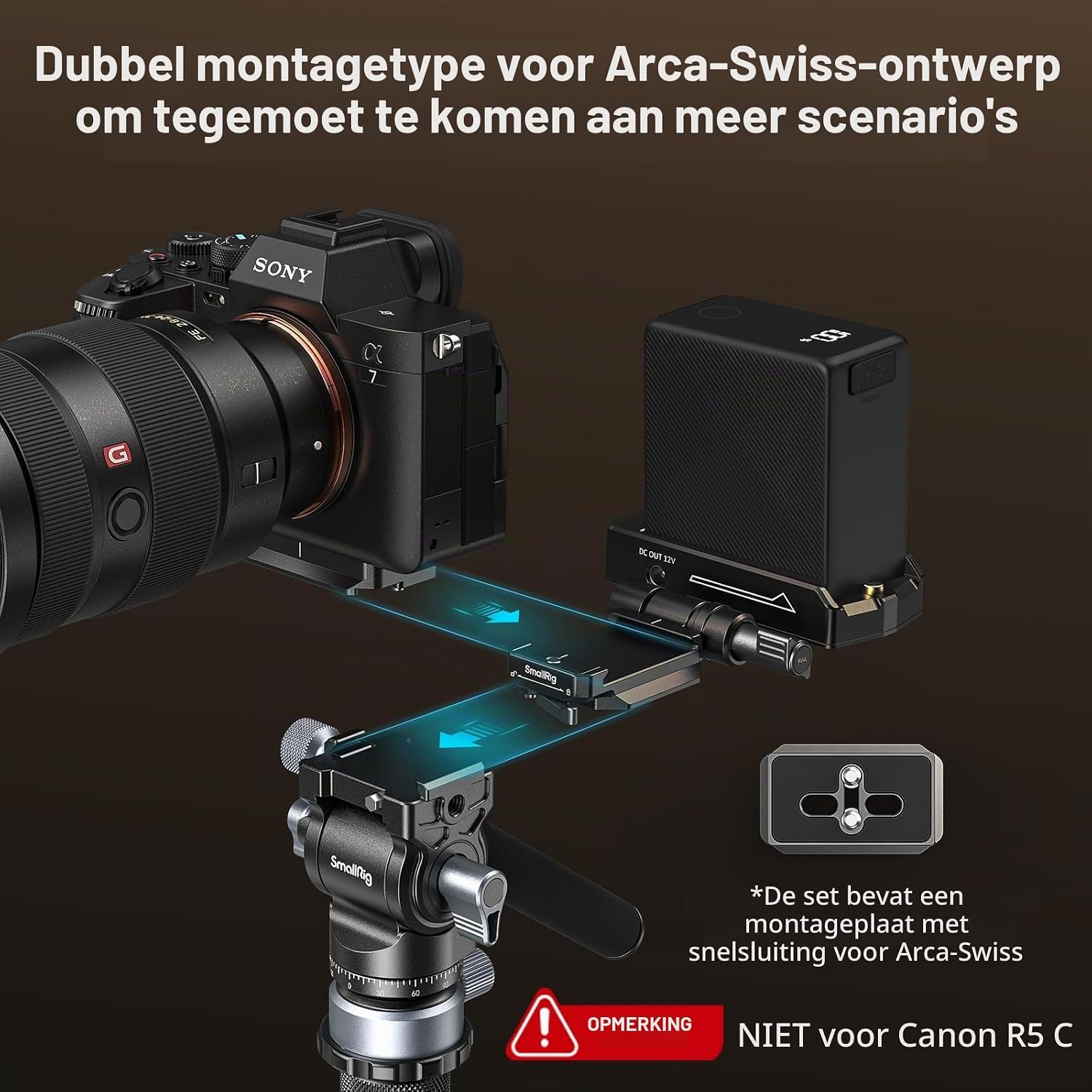 Detalle 1 de SMALLRIG 4696 NP-F-accuadapterplaat met Arca-Swiss-snelkoppeling en dubbele DC-uitgang