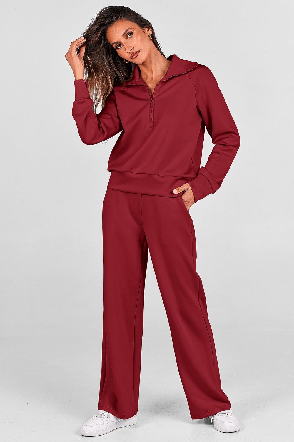 Detalle 2 de PRETTYGARDEN Women's Two-Piece Lounge Set with Half-Zip Top and Wide-Leg Pants