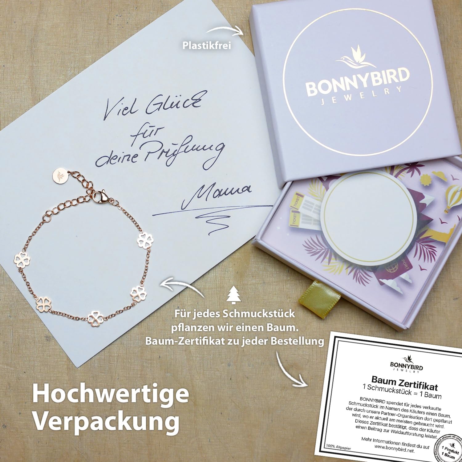 Detalle de BONNYBIRD BonnyBliss Kleeblatt Edelstahl Armband als Glücksbringer zur Prüfung – verstellbar 16–19 cm