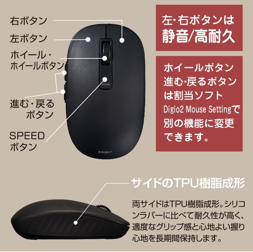 Detalle de ナカバヤシ Digio2 Z0190 ワイヤレスマウス 静音5ボタン BlueLED ピンク 高さ34mm