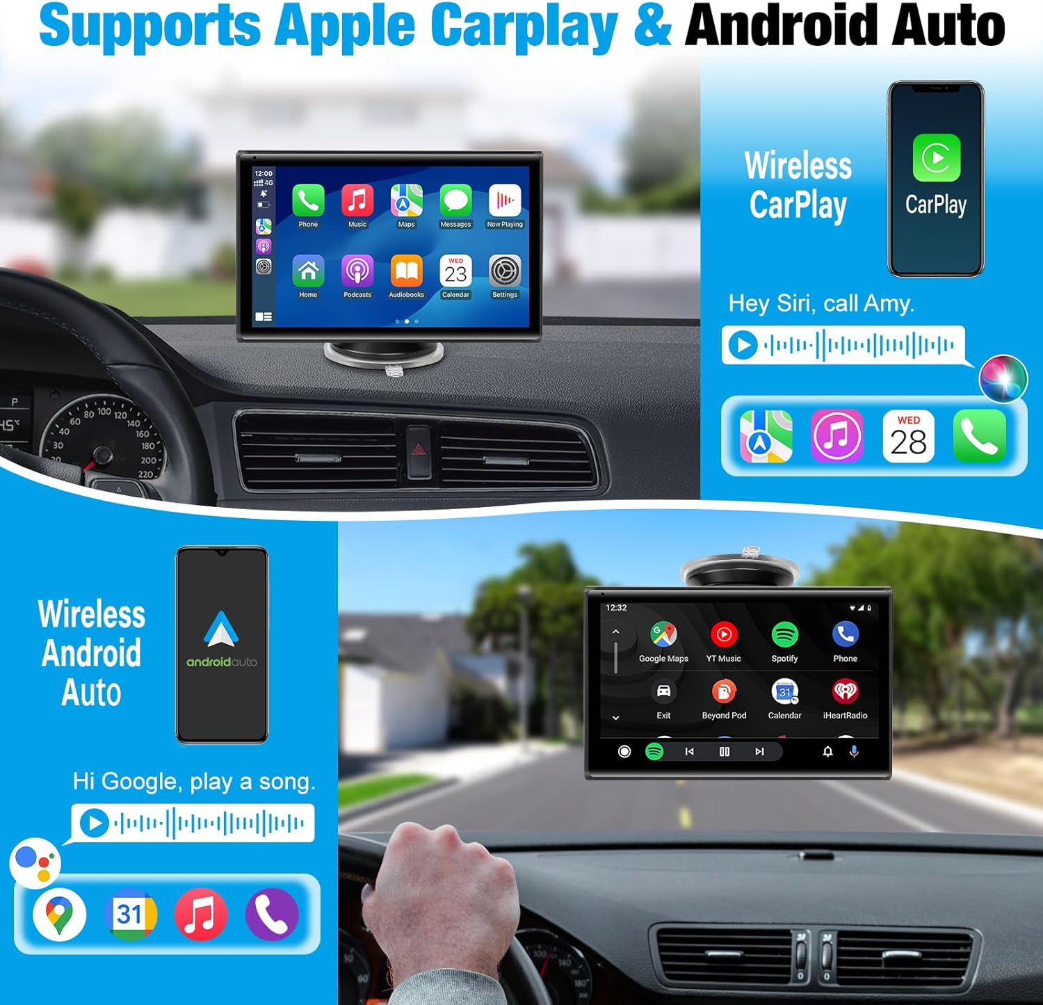Thumbnail 1 de 7-Inch Wireless CarPlay & Android Auto Screen (Black) — Bluetooth, Voice Control, Mirror Link