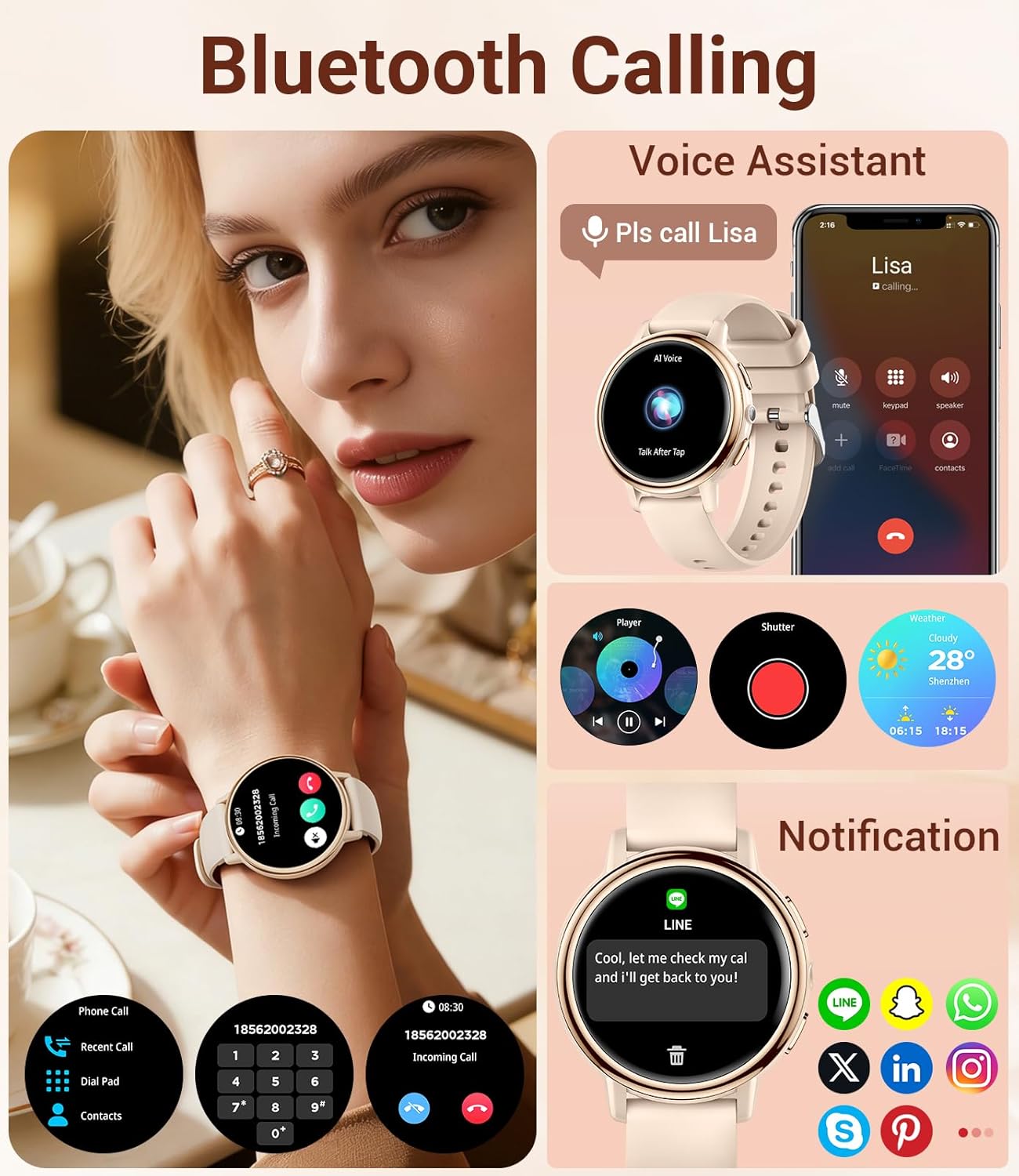 Thumbnail 1 de SUNKTA Smart Watch for Women (Bluetooth Calling, Pink) 1.26" HD Fitness Tracker