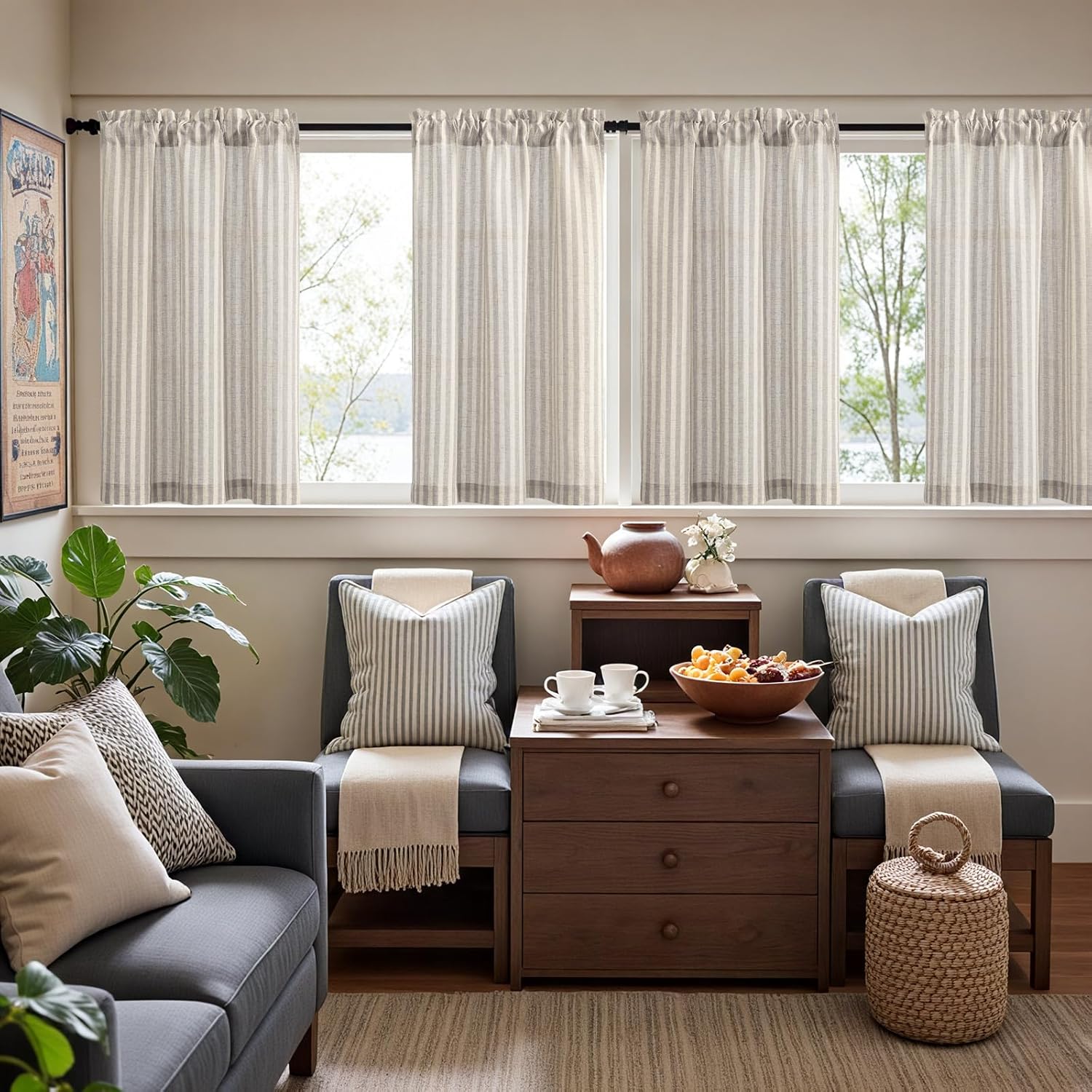 Detalle de jinchan Striped Linen Kitchen Curtains 36" tier set 🪟