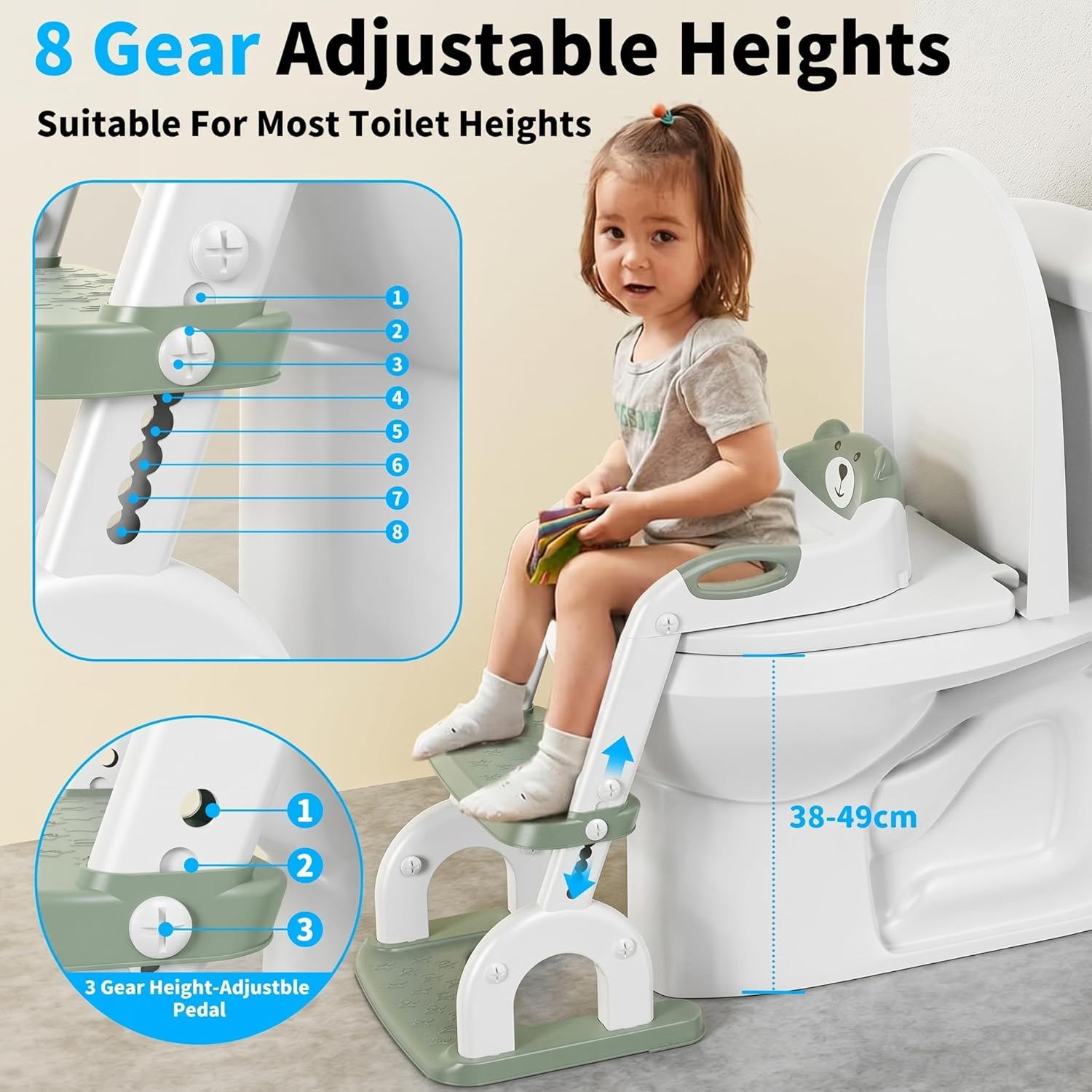 Detalle de Kinder-Toilettensitz mit Treppe (2-in-1) – verstellbar & als Tritthocker nutzbar, Pistazie „Drei Treppe“