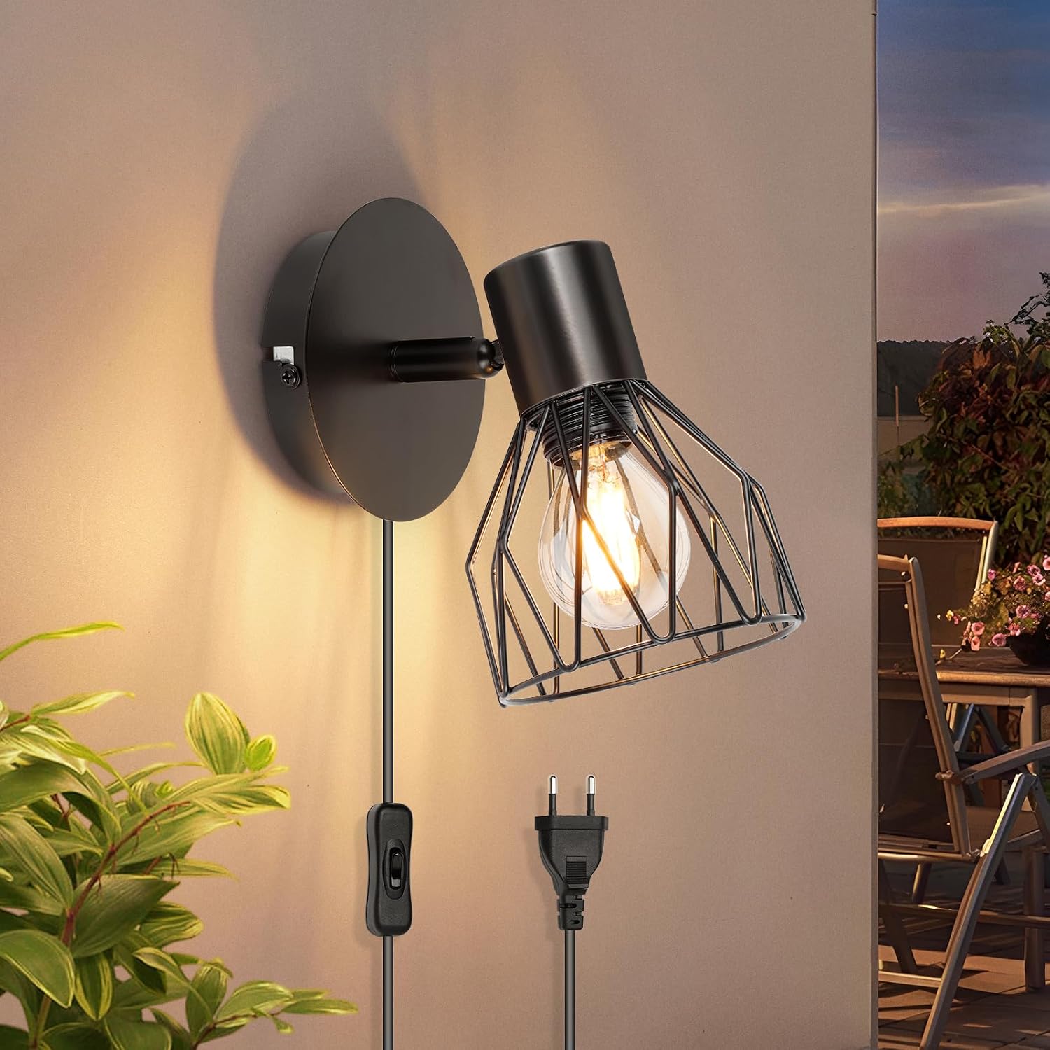 Detalle de Kimjo D0597 Retro-Raster wandlamp, zwart met draaibare E14-spot