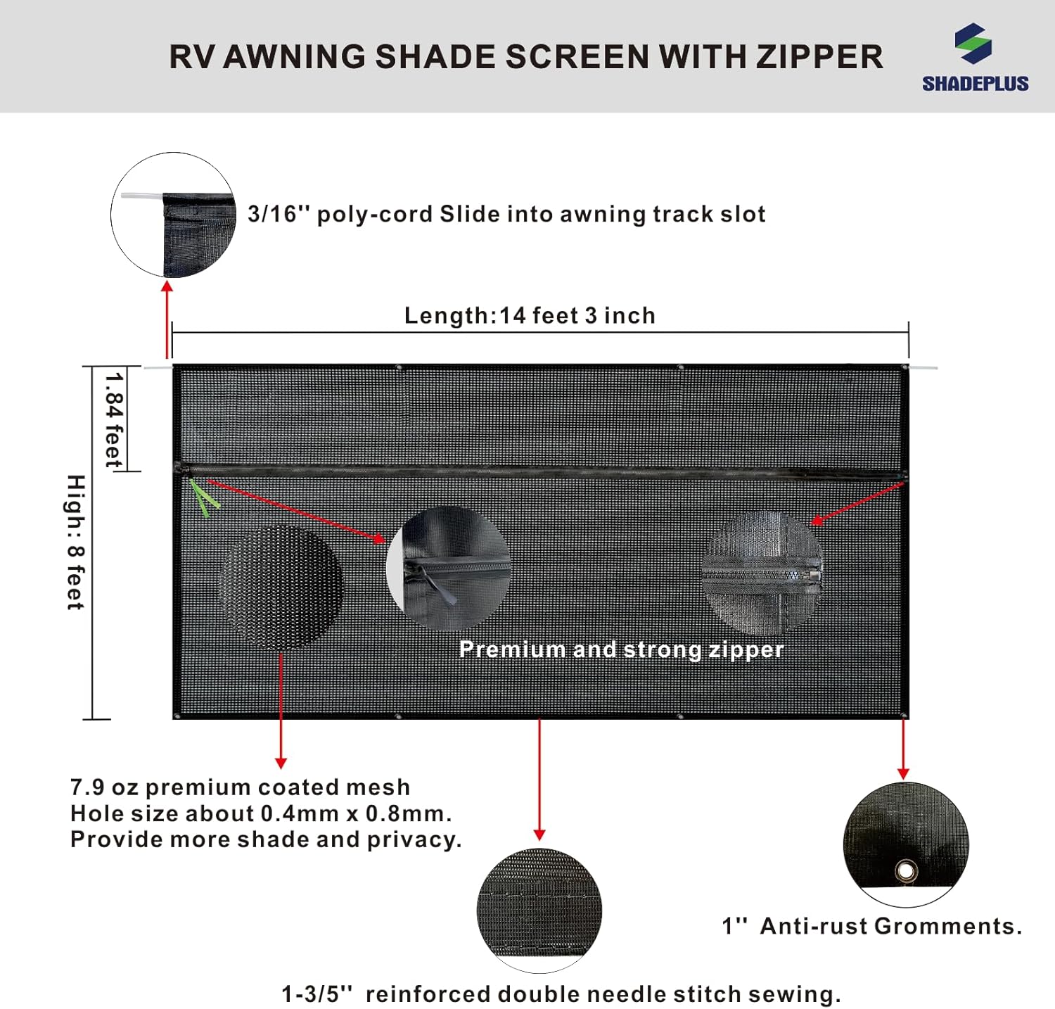 Detalle de SHADEPLUS RV Awning Sun Shade Screen 8'x14'3'': Privacy Mesh for 15' Awnings