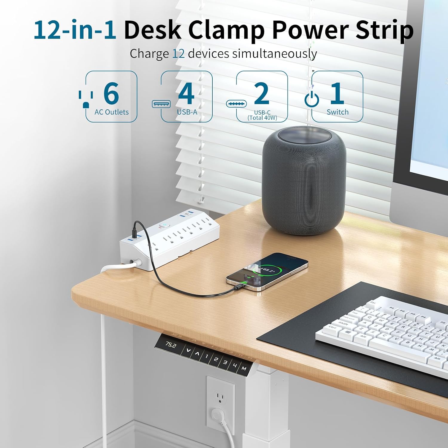 Detalle de JXGUCAT Desk Clamp Power Bar, 6 AC Outlets, 6 USB Ports, 10 ft Cord
