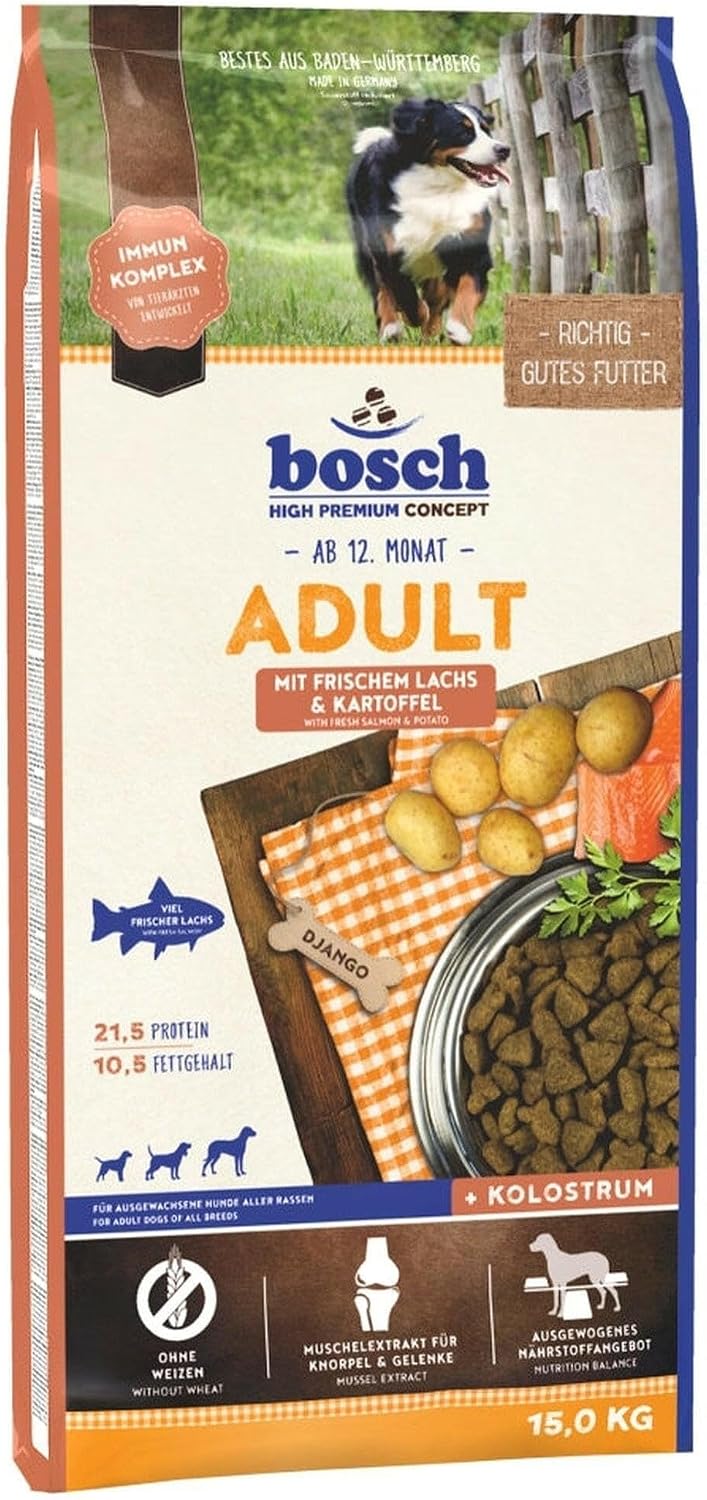 Detalle de BOSCH HPC Adult mit frischem Lachs & Kartoffel – 15 kg Hundetrockenfutter für ausgewachsene Hunde aller Rassen