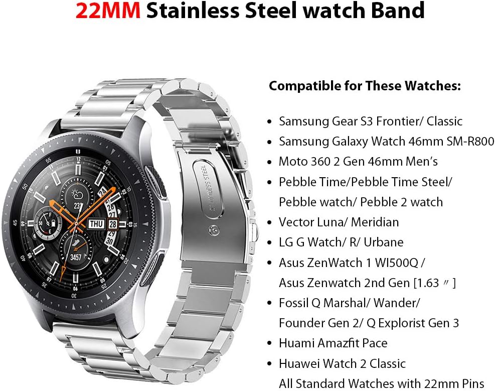 Thumbnail 6 de SUNDAREE 22mm Stainless Steel Strap for Samsung Galaxy Watch 46mm SM-R800, Watch 3 45mm, Gear S3, Huawei GT 3 46mm, Garmin Venu 2 and more