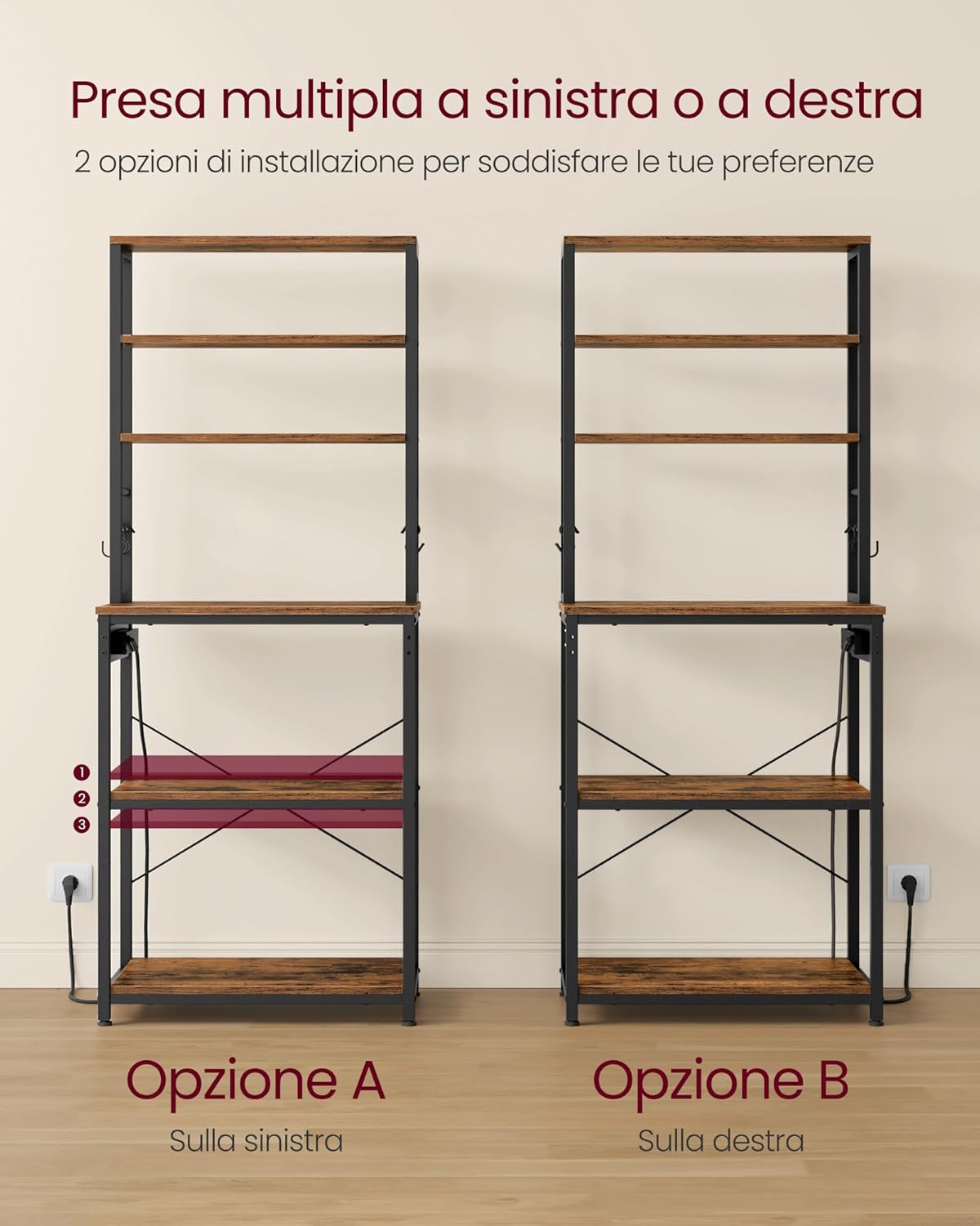 Thumbnail 5 de VASAGLE KKS124K01 scaffale da cucina con ciabatta e supporto microonde, 6 ripiani e 6 ganci