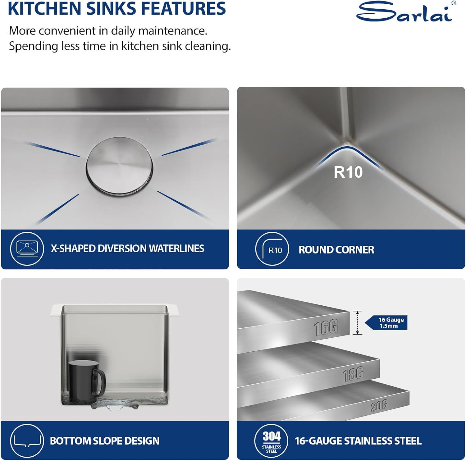 Detalle de Sarlai 12 Bar Sink Undermount Workstation – 12 x 15 Inch, 16 Gauge T304 Stainless Steel