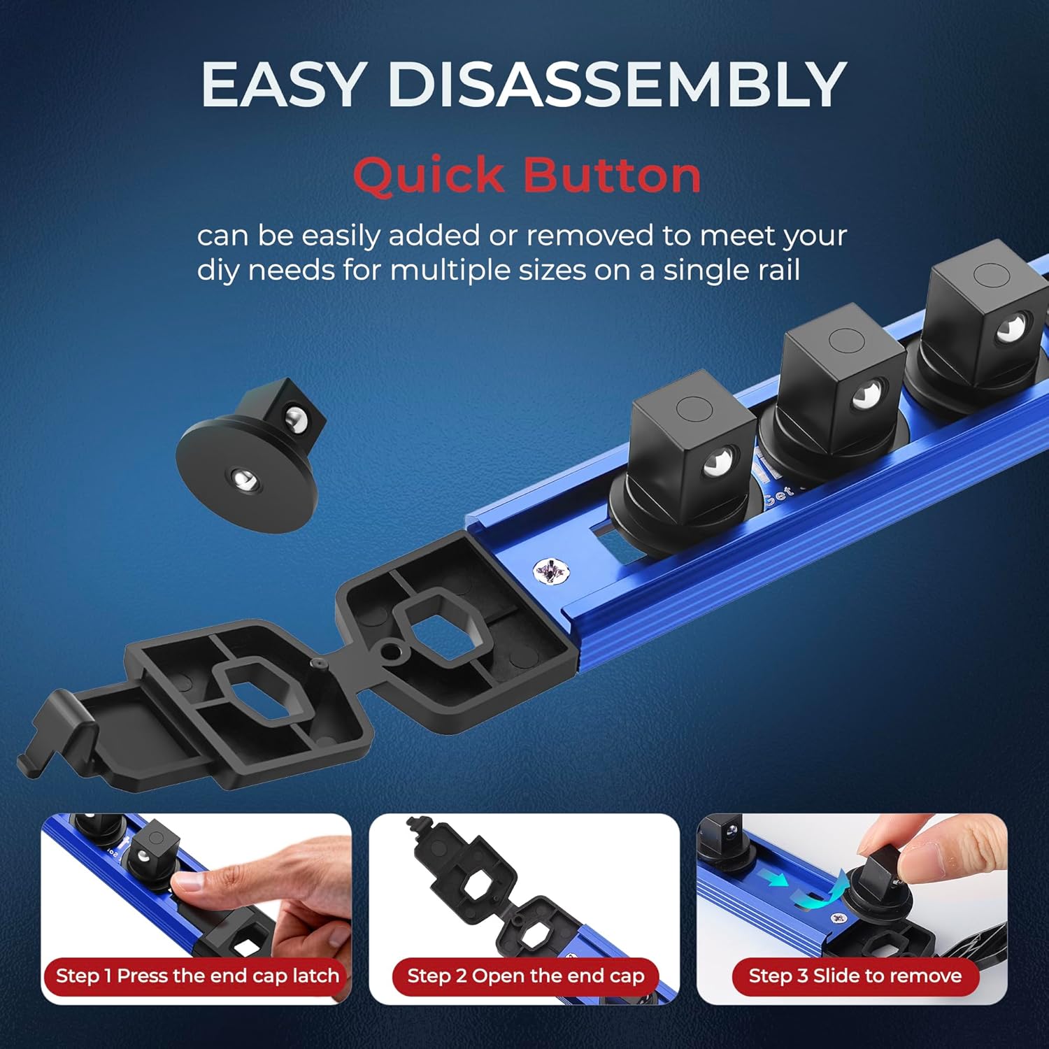 Thumbnail 3 de Reniteco Magnetic Socket Organizer (3/8" Drive) Aluminum Alloy Rail with 14PC 360° Swivel Clips, Blue