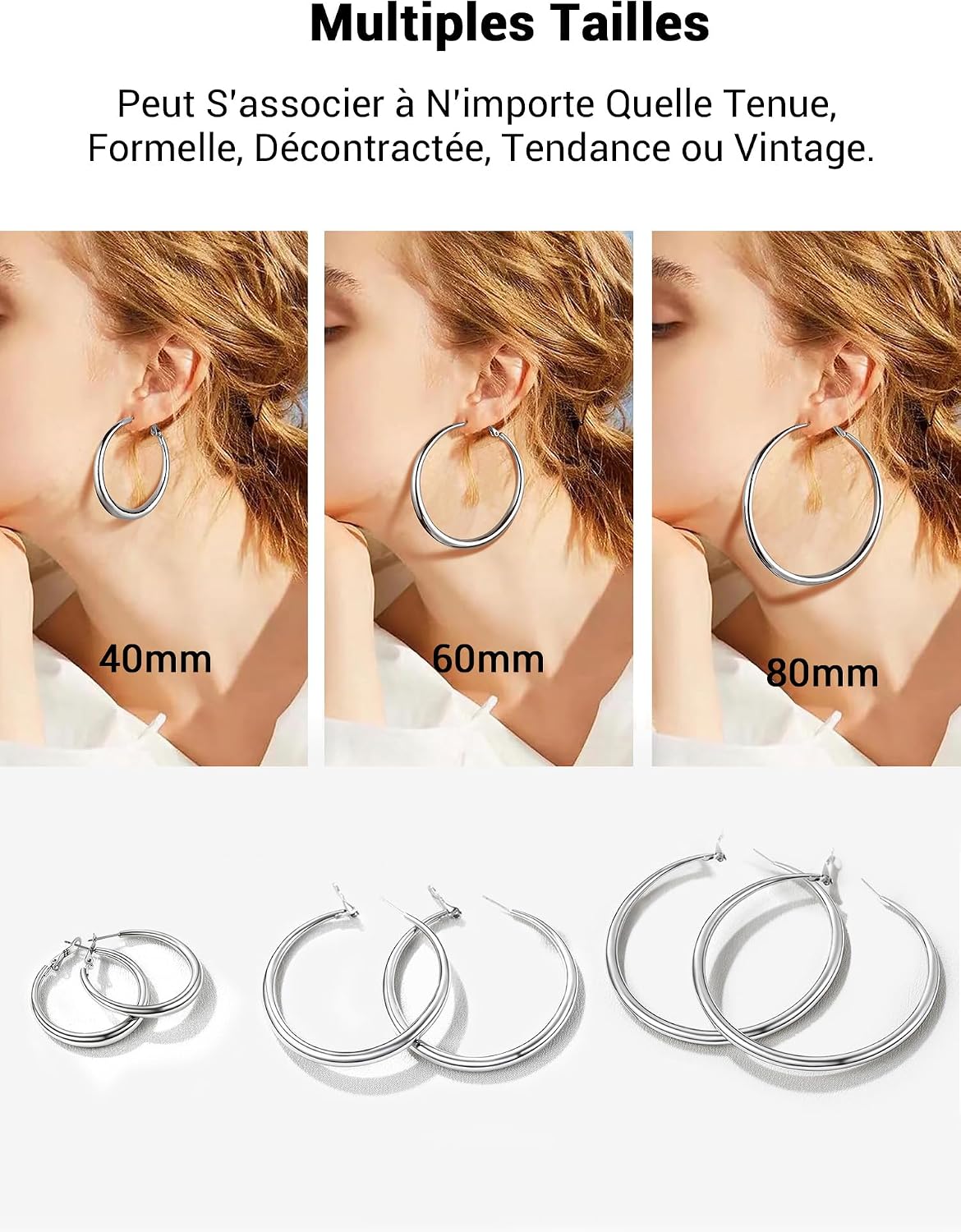 Detalle de PROSTEEL Créoles Femme en acier inoxydable 316L 40/60/80 mm – anneau type hoop