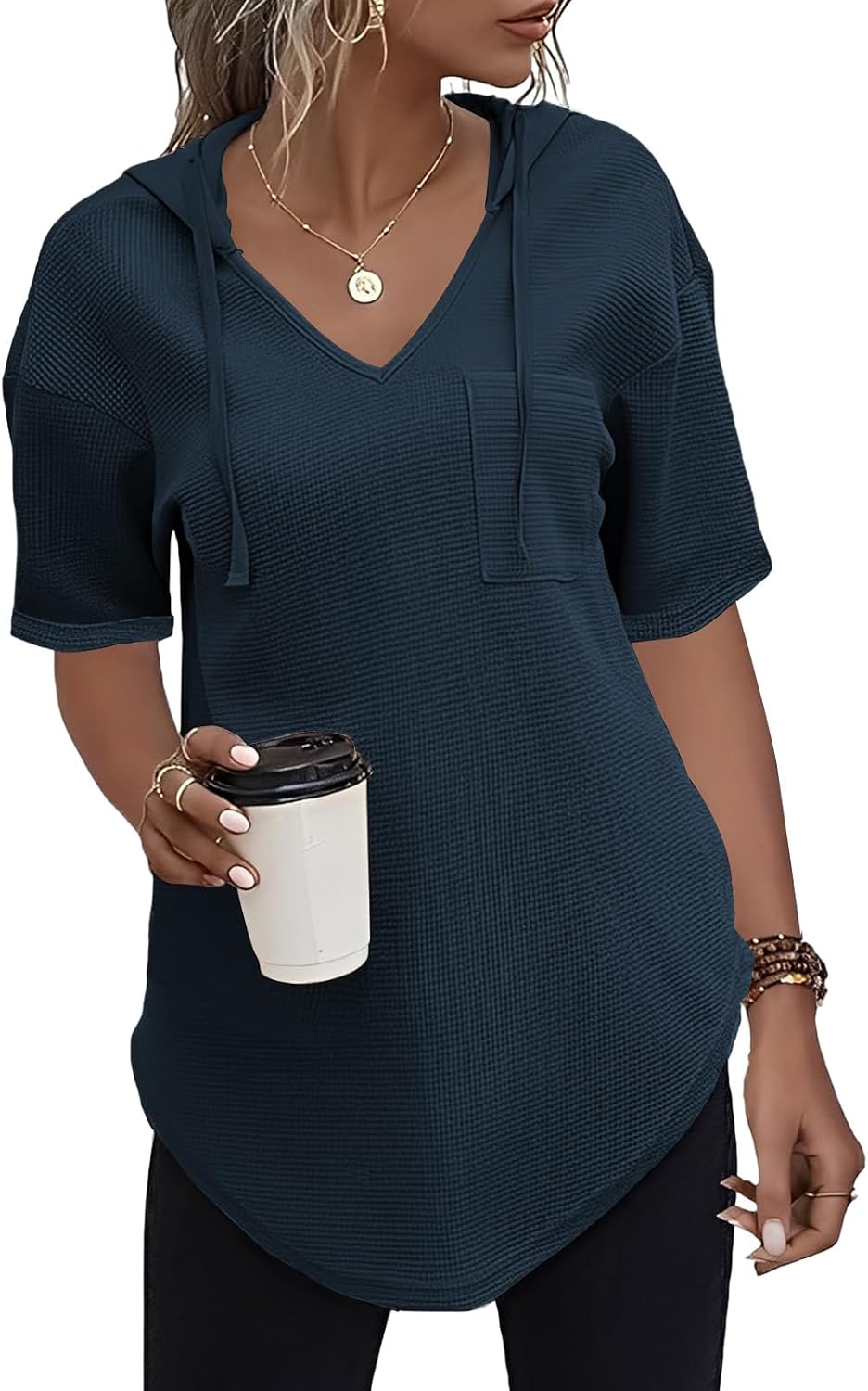 Detalle de Cuptacc Pullover Damen Hoodie mit V-Ausschnitt – Langarm Kapuzenpullover aus weichem Waffelstrick