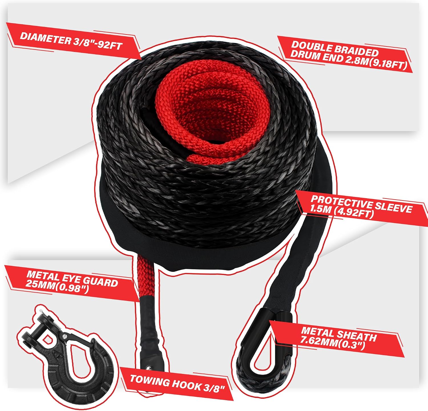 Thumbnail 2 de TYT Synthetic Winch Rope Kit - 3/8" x 92' (27000 lbs) with Protective Sleeve, Heavy Duty Hook & Safety Pull Strap