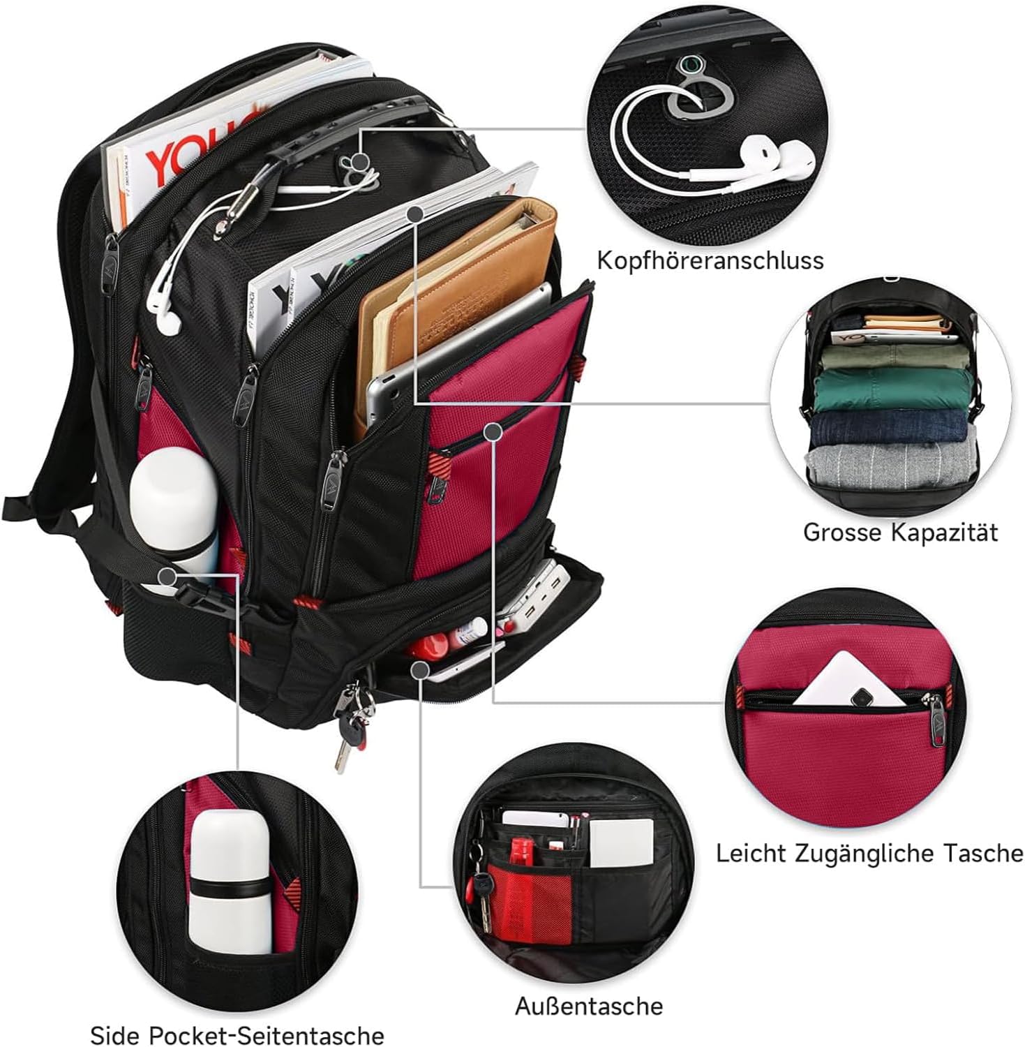 Detalle de MATEIN Groß Laptop-Rucksack für Herren bis 17 Zoll (17,3 Zoll), wasserdicht, TSA, Anti-Diebstahl – rot