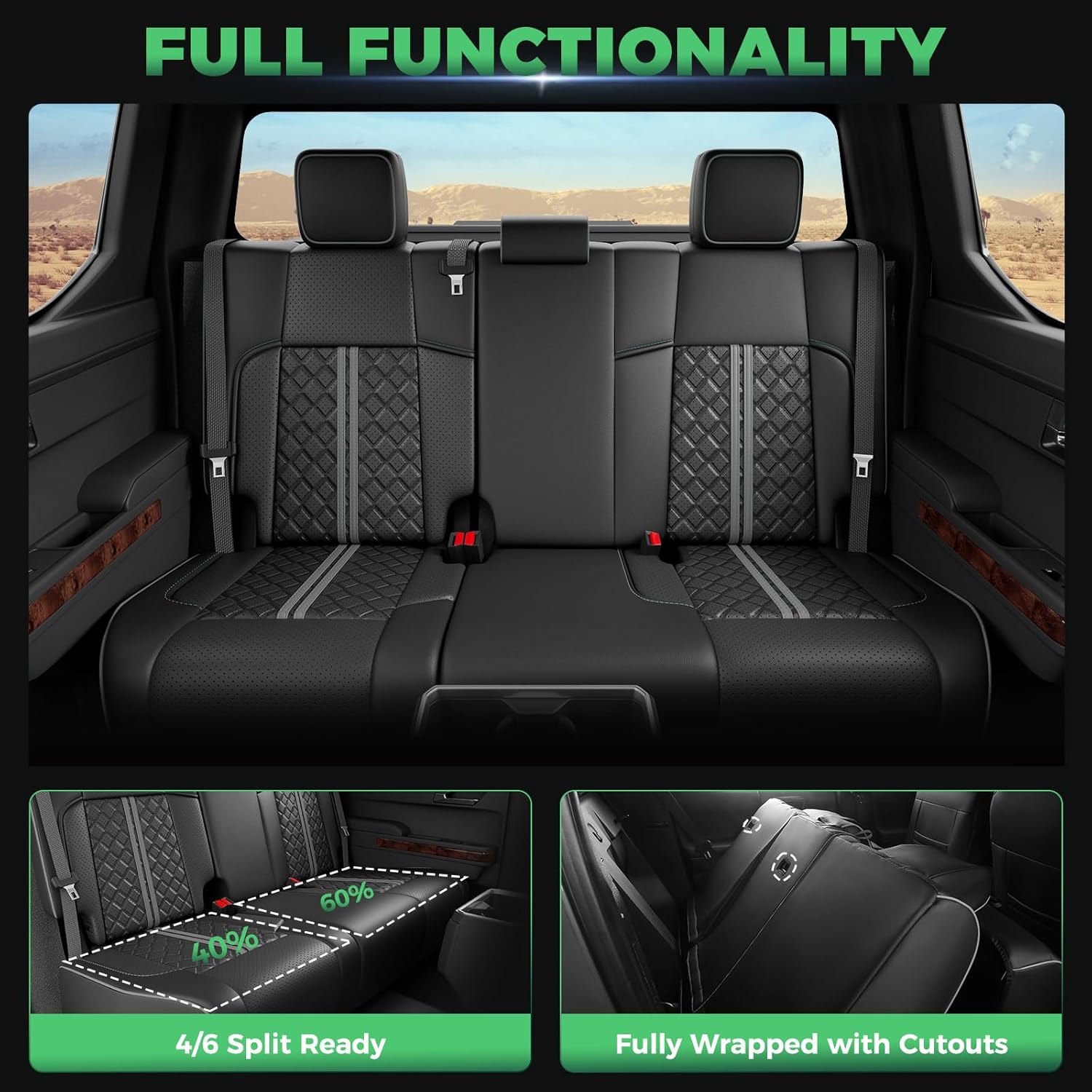 Detalle de RIDEPOSH Custom Seat Covers for Tacoma 4th Gen Double Cab (2024–2026) with Console Covers – Embossed Faux Leather, Black/Grey