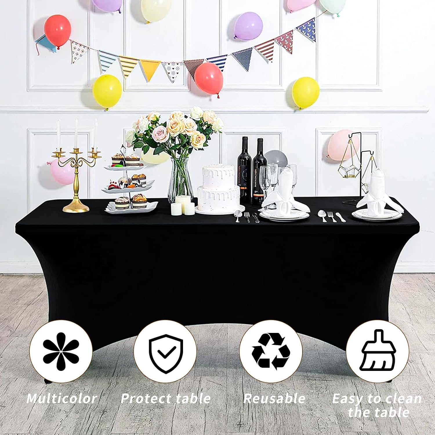Detalle de Fixwal 10 Pack 8Ft Black Spandex Fitted Tablecloths (Rectangle) — Wrinkle-Free Stretch Table Covers