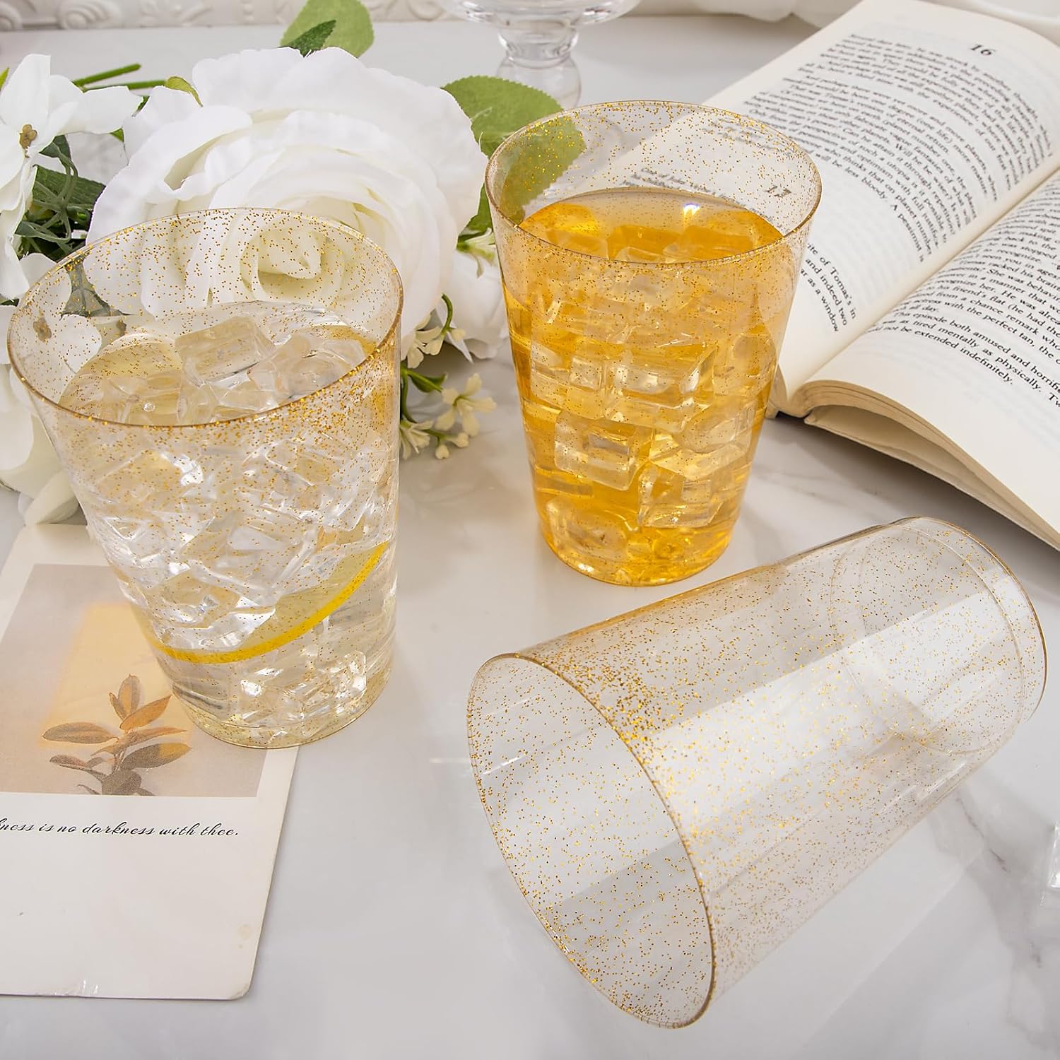 Detalle de I00000 200 Pack 12 oz Gold Glitter Plastic Cups – Premium Disposable Glassware for Parties