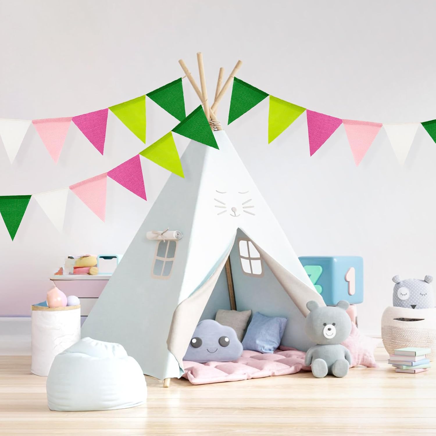 Detalle de jijAcraft Pink Green White Burlap Bunting: 60pcs Pre-strung Hessian Banner (20m) for Indoor or Outdoor Decor