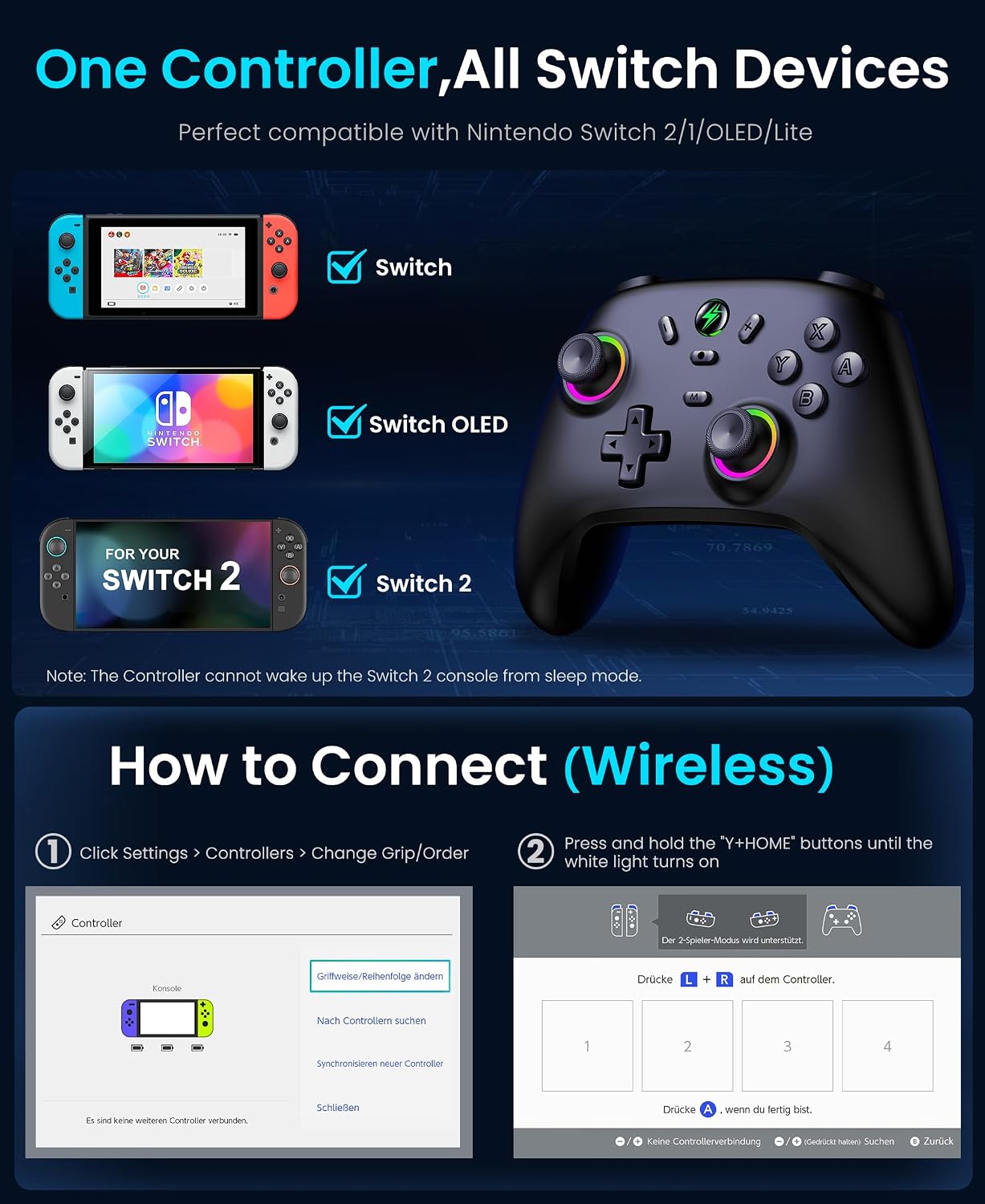 Detalle de HELLCOOL Hall-Effect-Joysticks Switch Controller – kabellos, RGB, 6-Achsen-Gyro, 1000 mAh