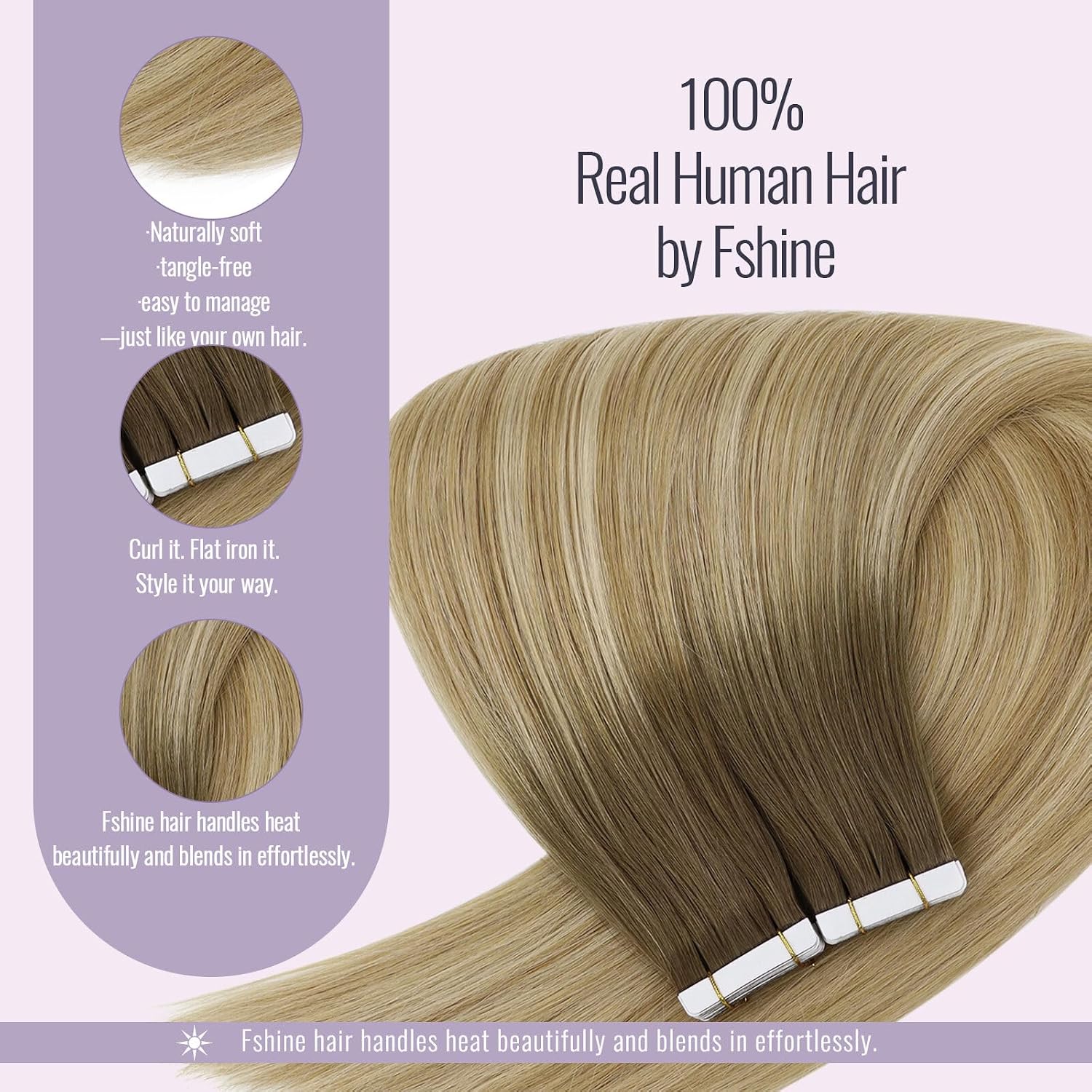 Detalle 2 de Fshine Tape-in Extensions Echthaar 40 cm, 50 g, 20 Stücke – Kastanienbraun bis Honigblond (Farbe 6/27/60)