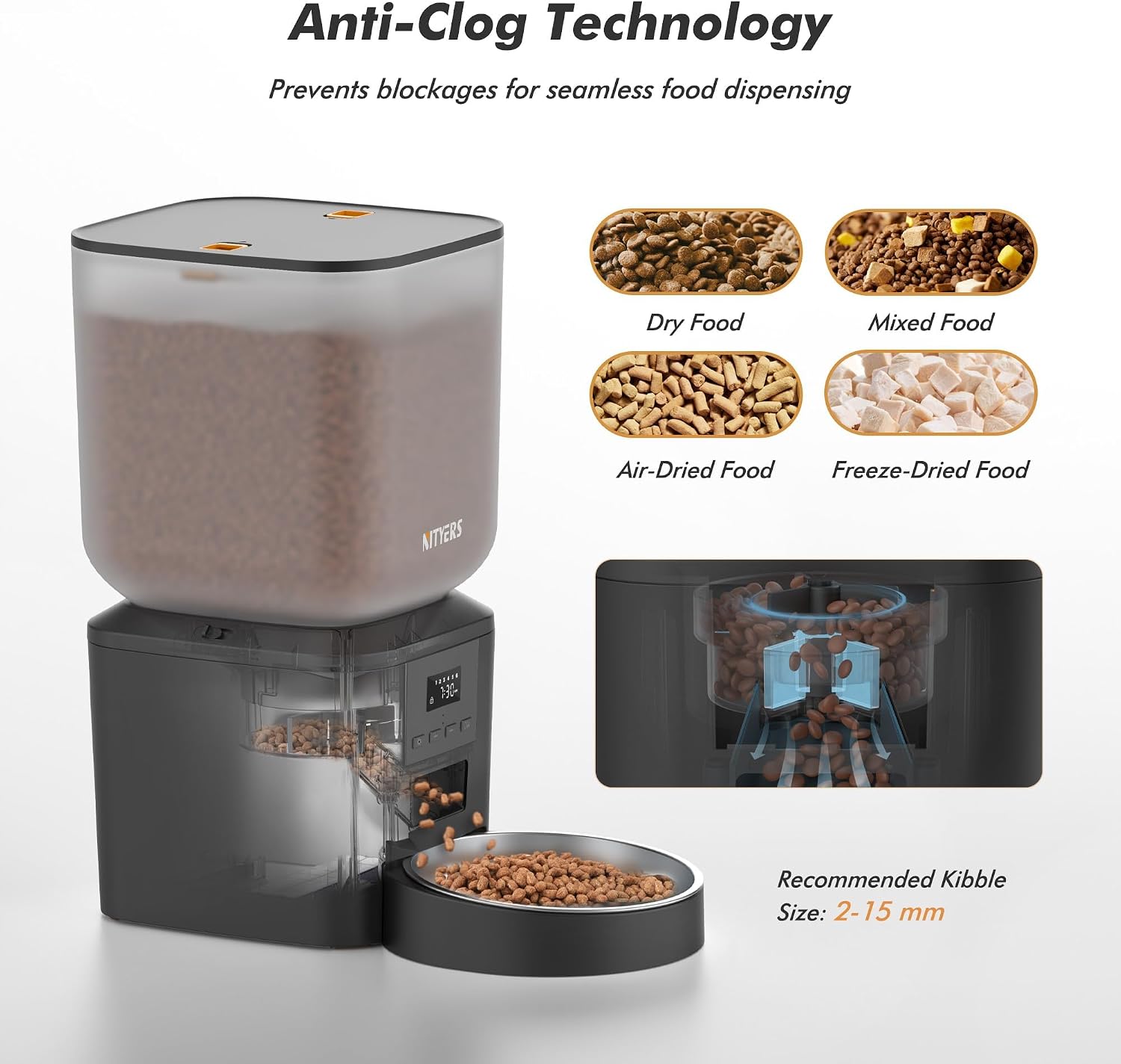 Detalle 2 de Automatic Cat Feeder 8L Anti-Clog with Timer and Stainless Steel Bowl