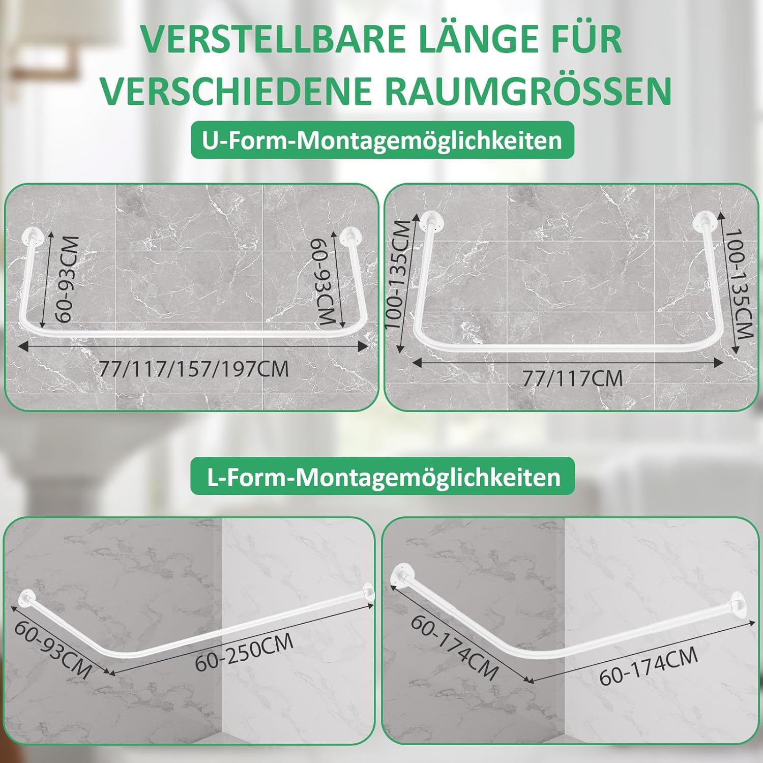 Thumbnail 2 de Duschvorhangstange U-Form & L-Form (60–93) × (77–197) × (60–93) cm mit 12 Ringen – weiß, mit Deckenstütze (bohren erforderlich)