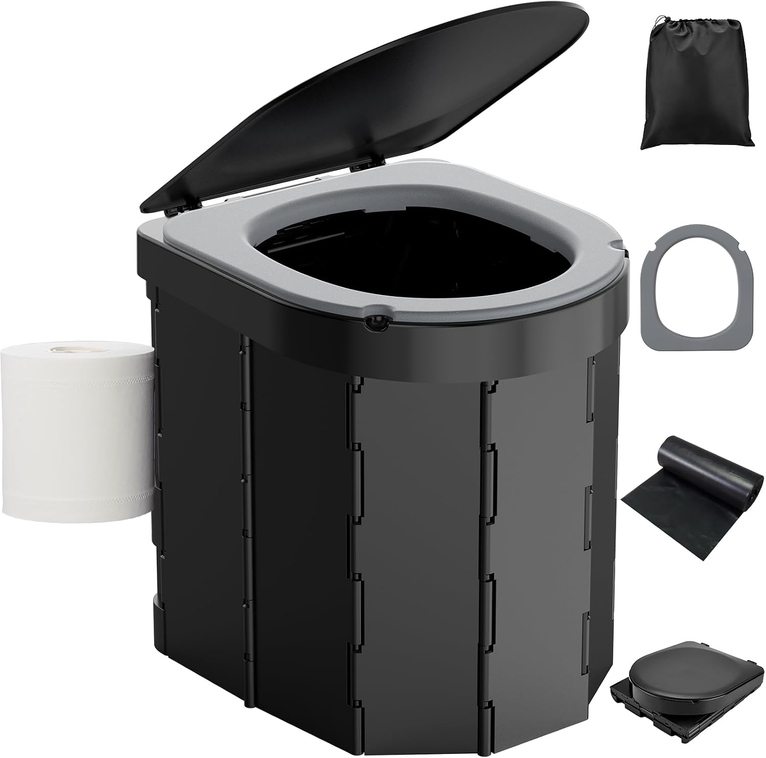 Detalle de WADEO opvouwbaar campingtoilet voor volwassenen met deksel en afvalzakken