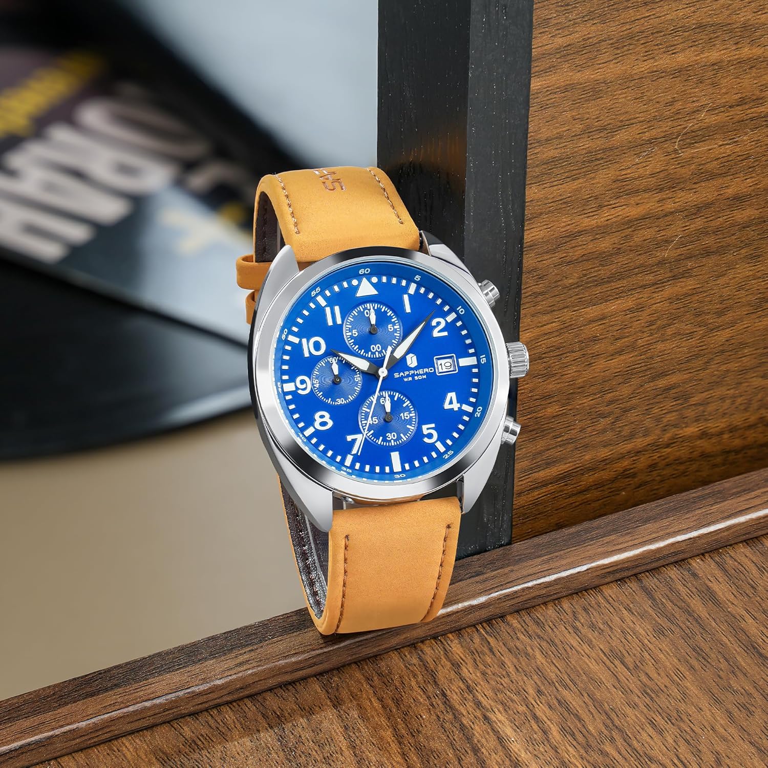 Thumbnail 6 de SAPPHERO Montre Homme - Chronographe en cuir, cadran arabe, étui cadeau