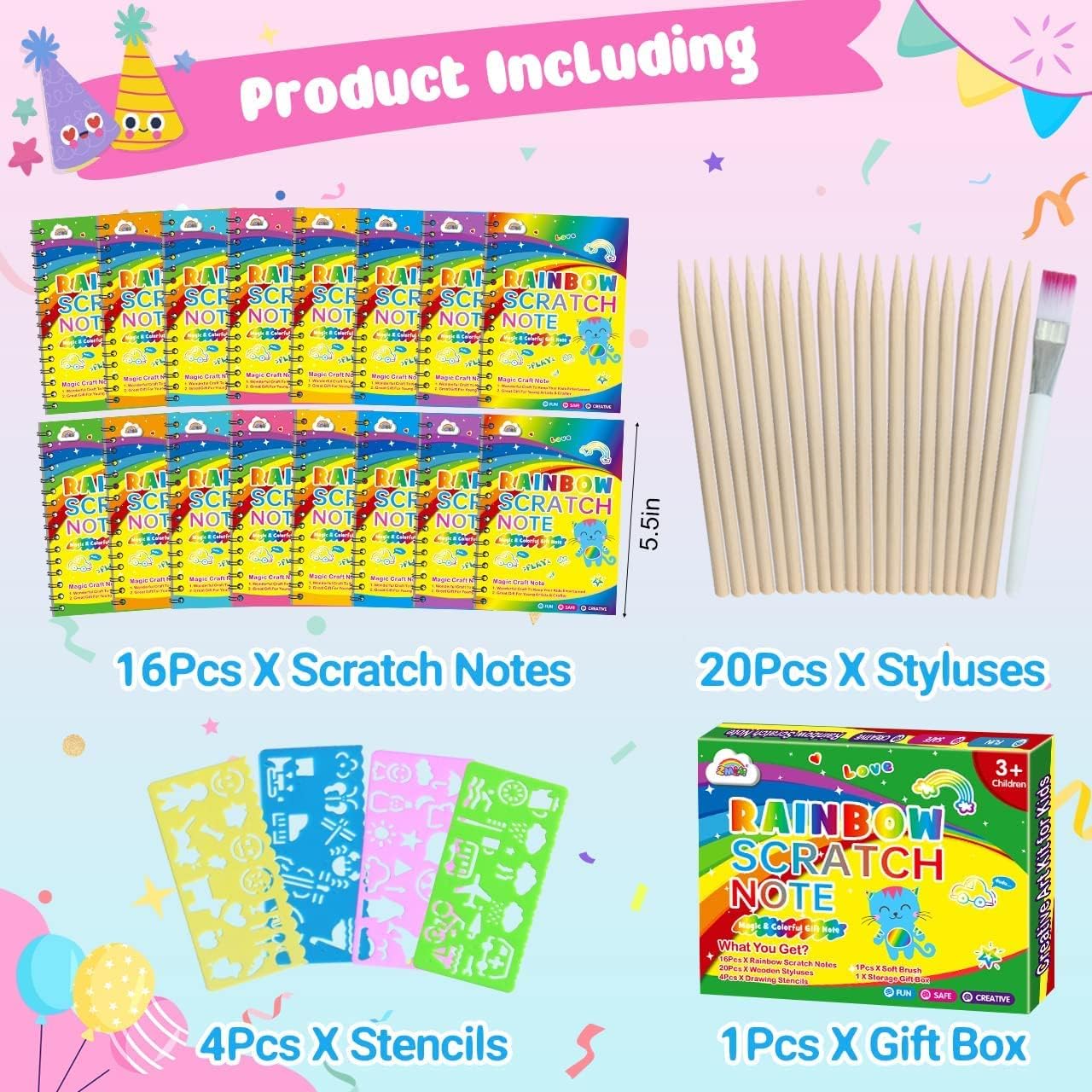 Detalle de ZMLM Scratch Art: 16 Rainbow Scratch Books Set with Stencils & Wooden Styluses for Kids 4–9