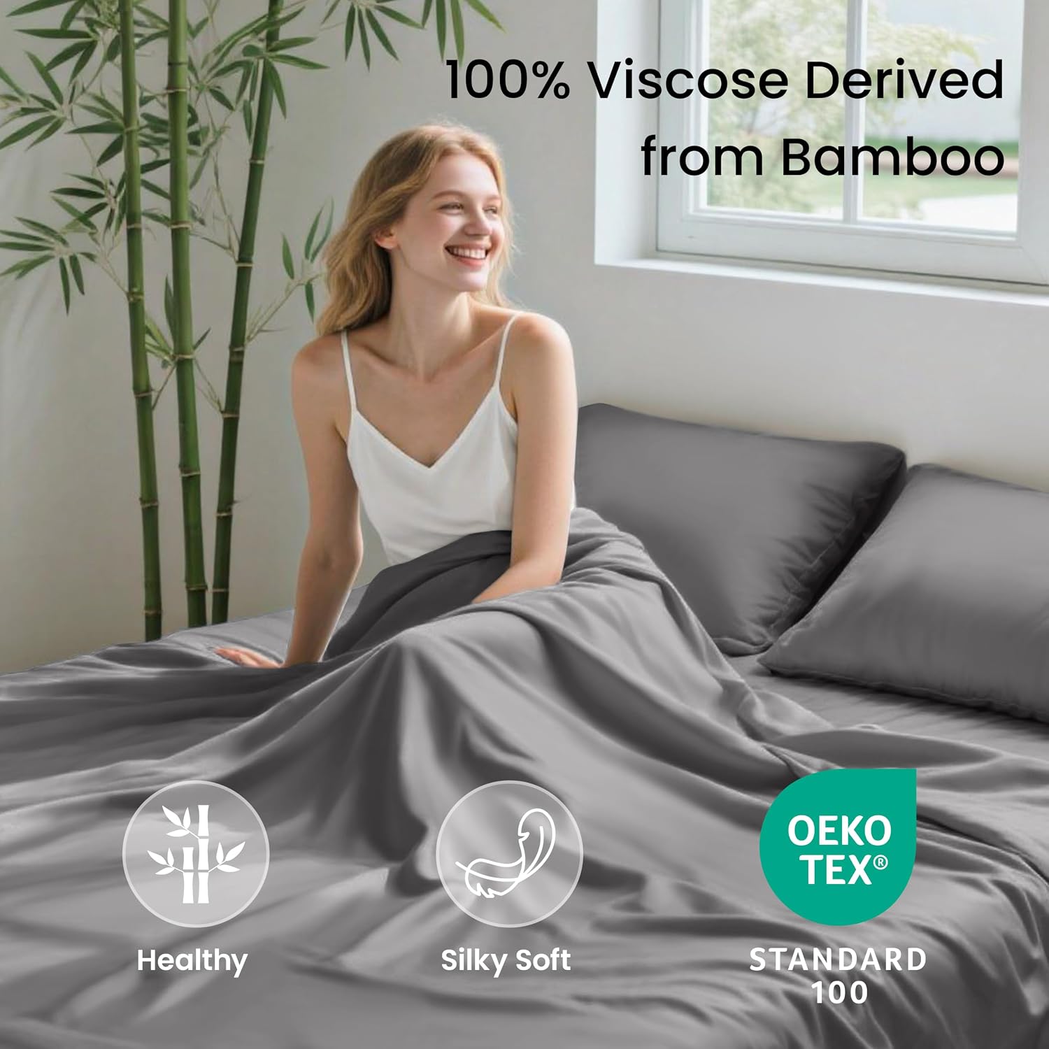 Thumbnail 1 de Love's cabin 4 Piece Queen Sheet Set - 100% Rayon Derived from Bamboo, Cooling & Breathable, Deep Pocket Up to 16", Grey
