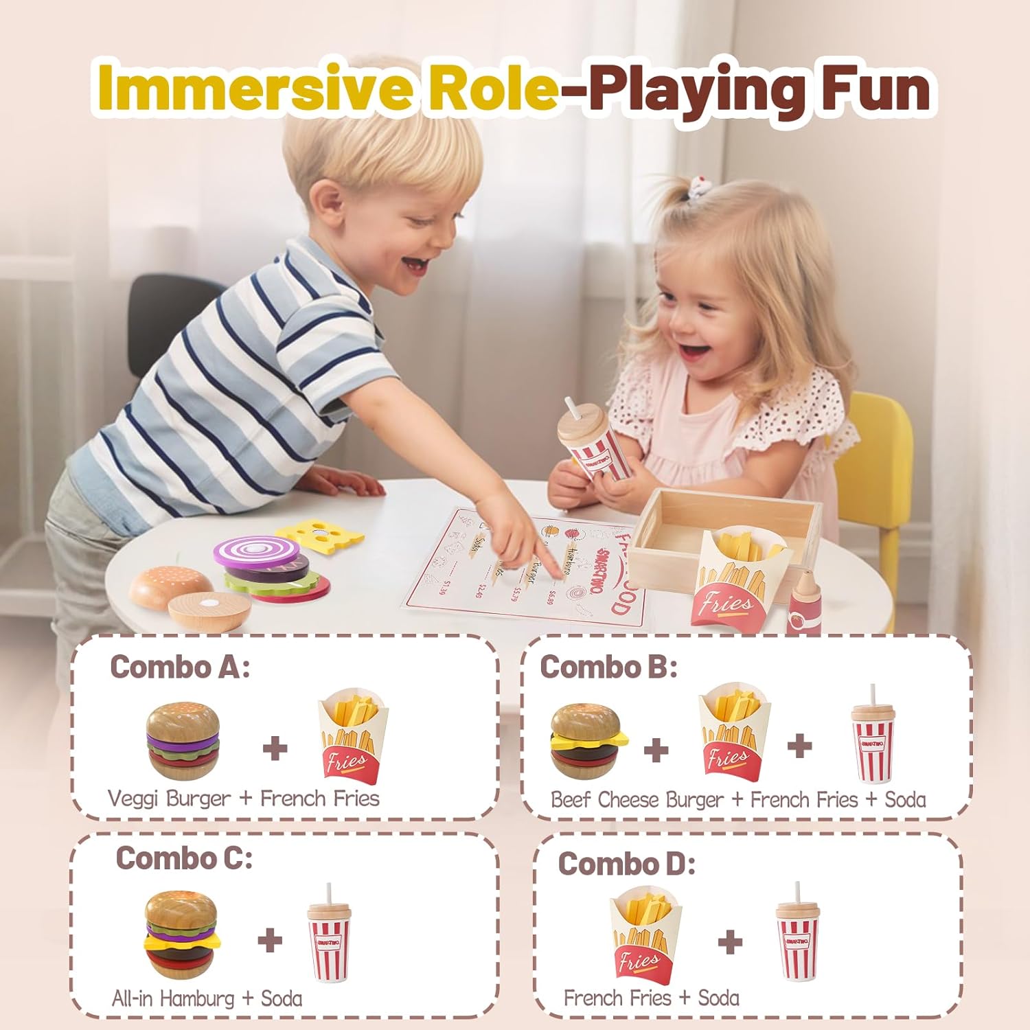 Thumbnail 5 de Smartwo Wooden Fast Food Play Set: Burger, Fries & Drink with Menu for Kids