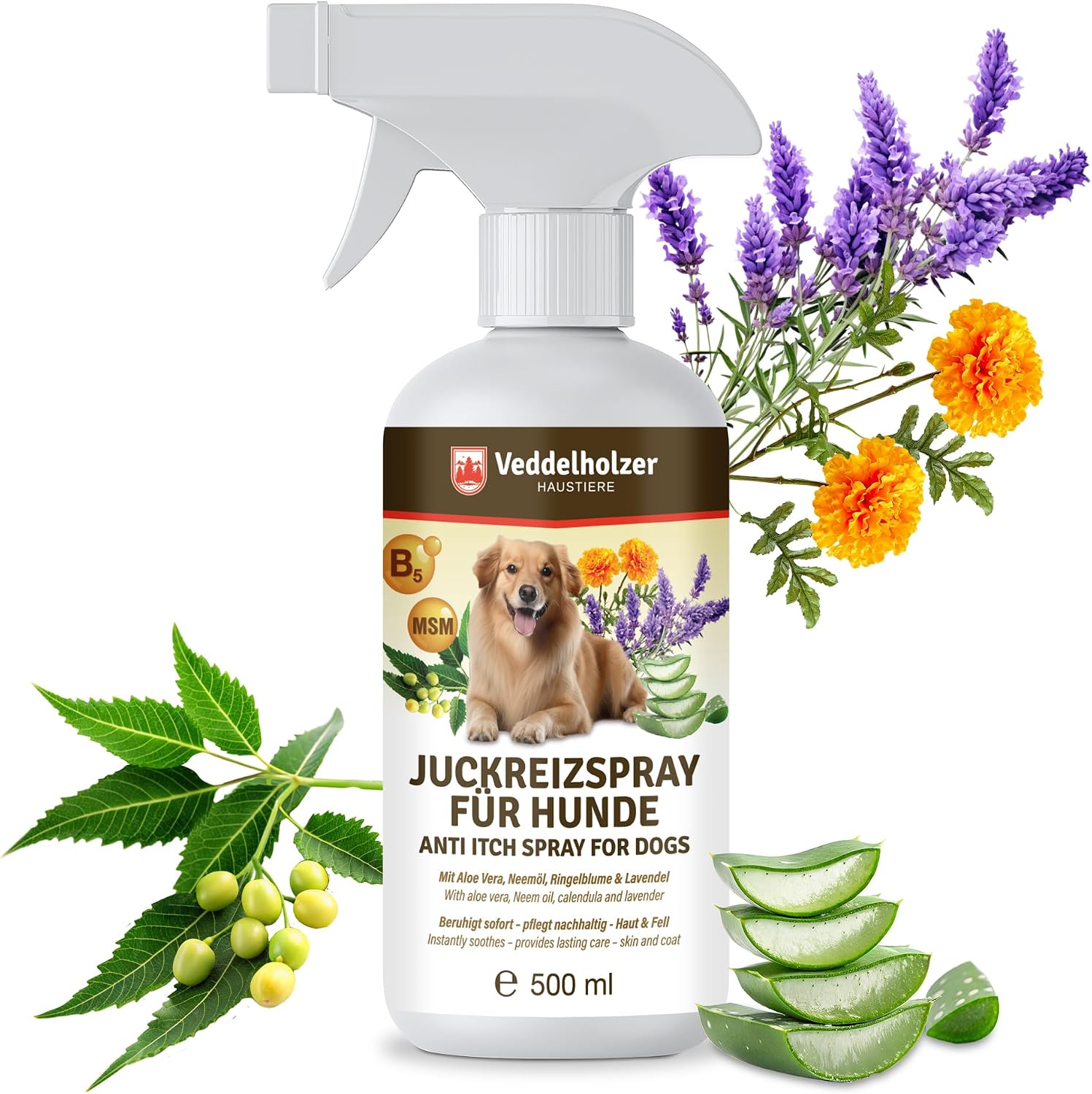 Veddelholzer Juckreizspray für Hunde – 500 ml: Beruhigendes Pflegespray mit Nano-Silber, Aloe Vera & Ringelblume