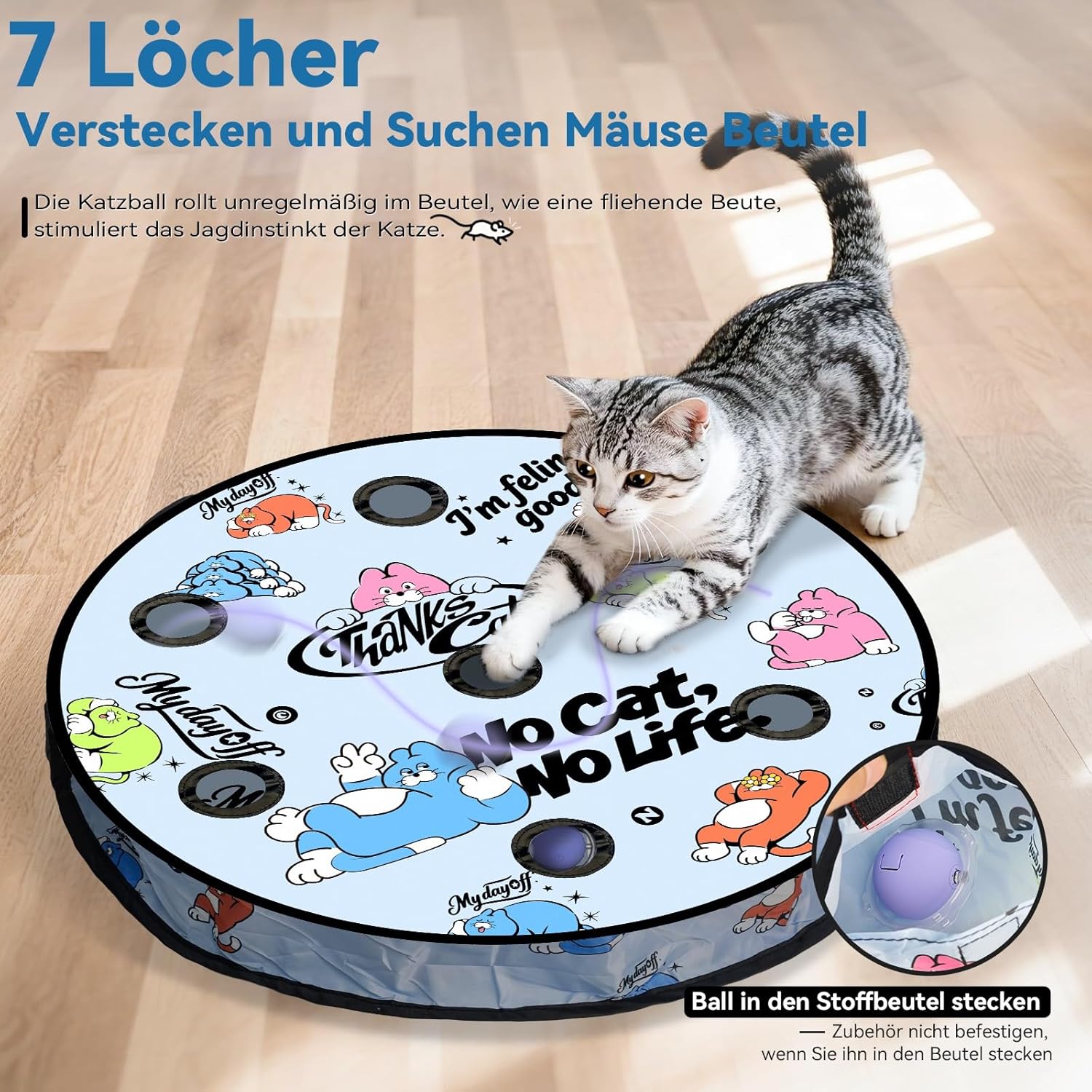 Detalle de Zeepet Katzenspielzeug für drinnen – interaktiver Katzenspielball mit Labyrinthmatte, 7 Löcher und Federschwanz