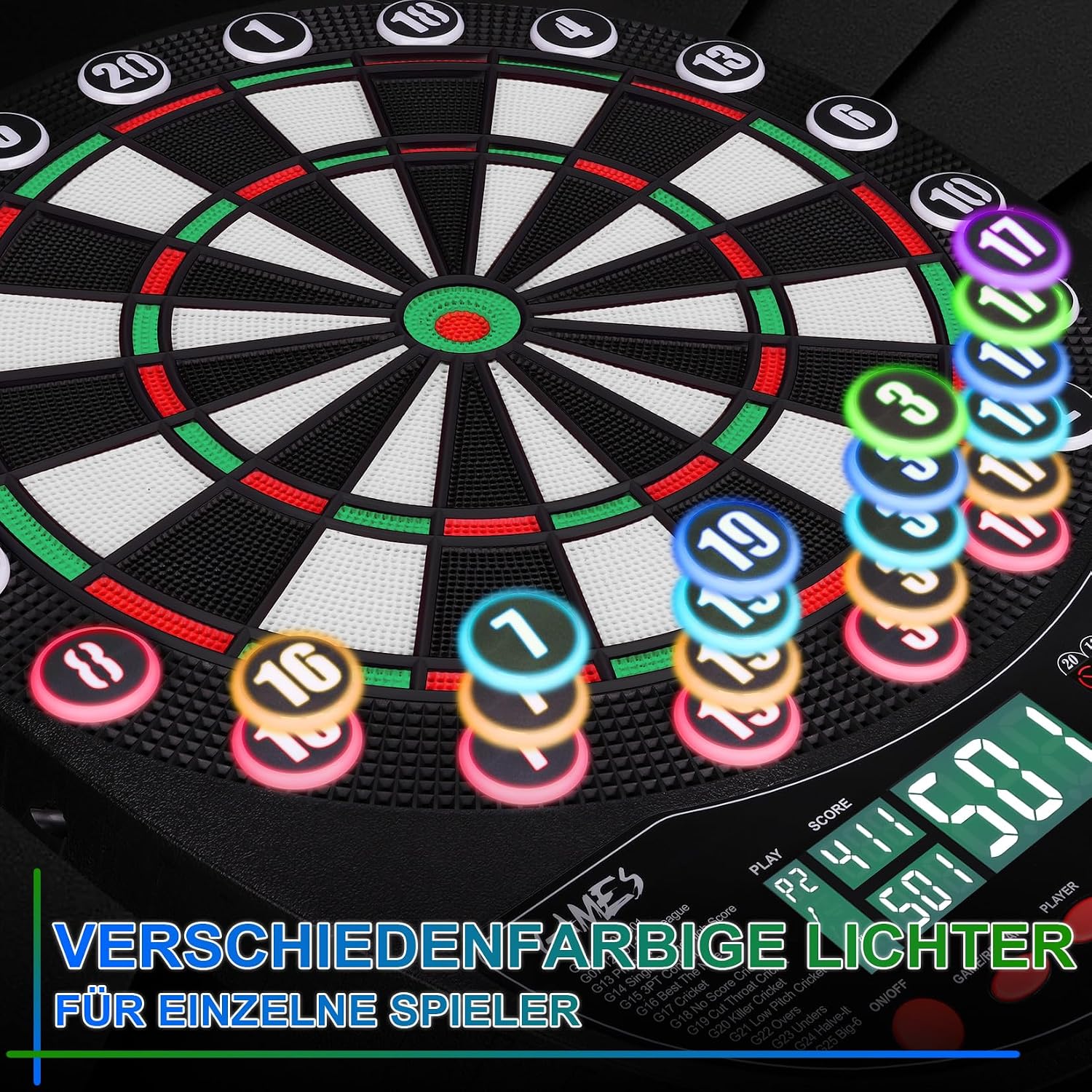Thumbnail 2 de WIN.MAX Elektronische Dartscheibe Profi Set – 34 Games mit 354 Varianten, 3 Sprachen (DE/EN/FR) und Platz für 12 Darts