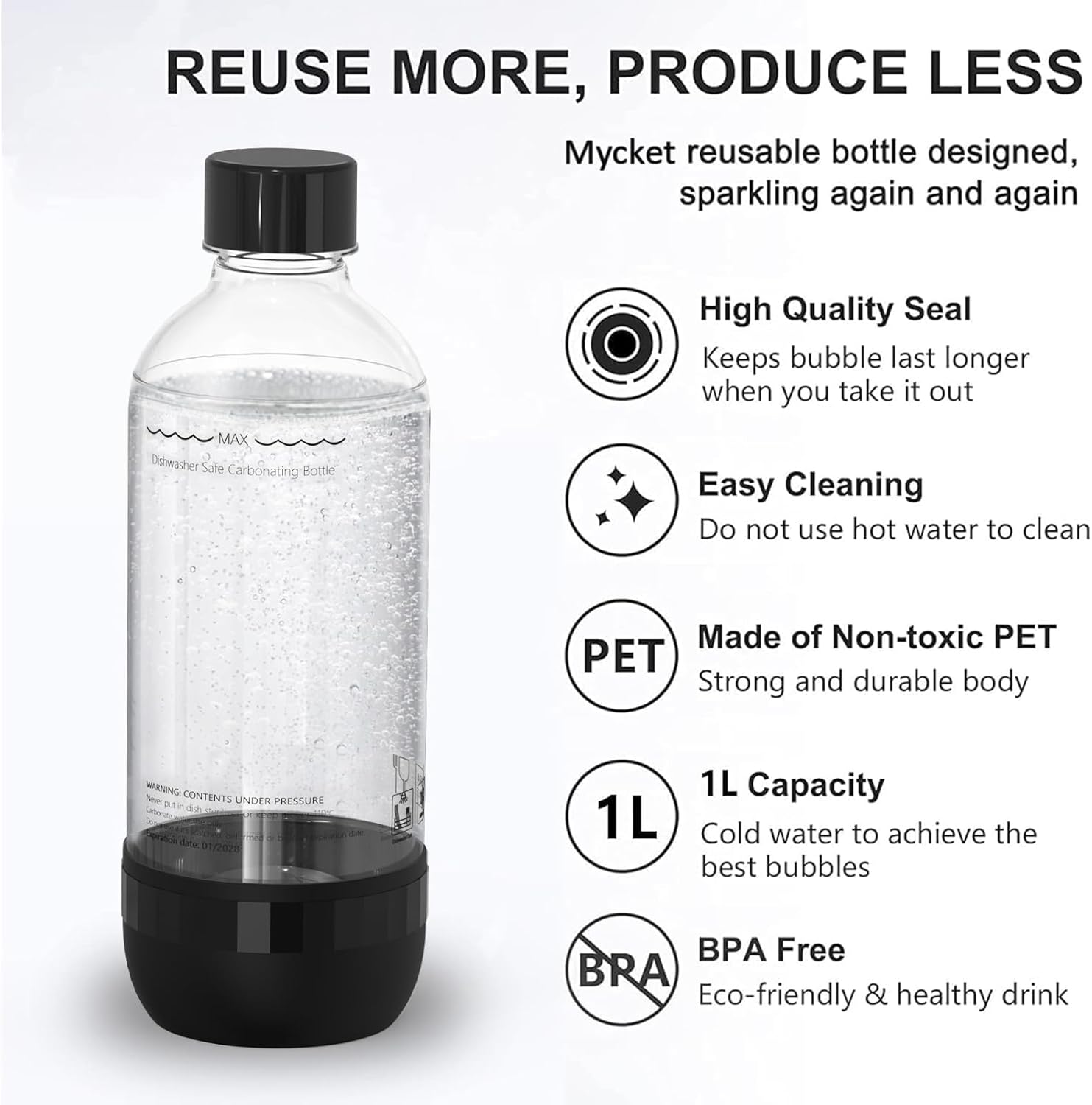 Thumbnail 2 de Mycket Soda Maker Bottles: 2 x 1 Litre BPA-Free Reusable PET Bottles for Sparkling Water Makers