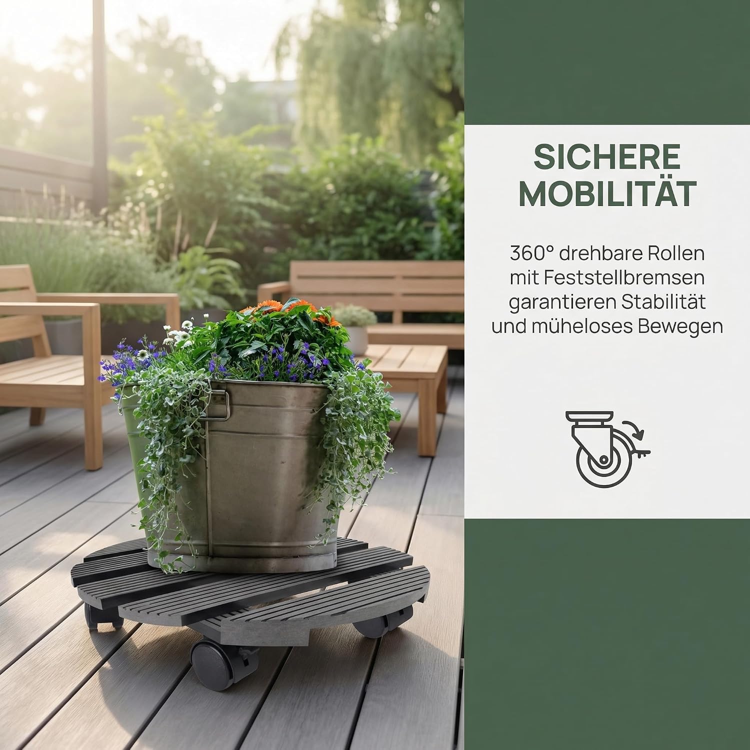 Detalle 2 de Suusolny suu08611 WPC-plantenroller, vierkant 30 x 30 cm met 360°-wielen en rem