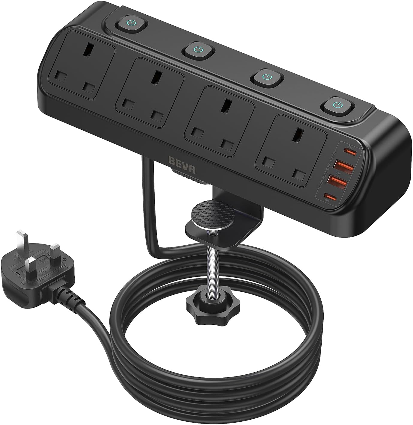 Detalle de BEVA Desk Extension Lead 1.8m: 4-way switched extension socket with PD20W USB charging