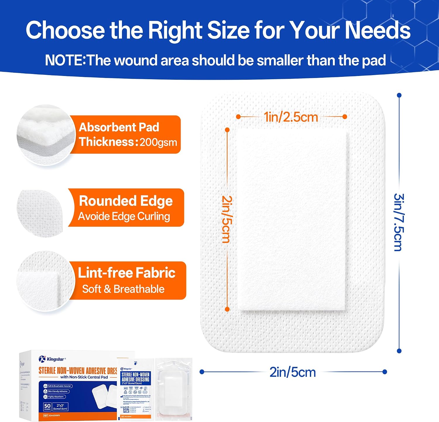 Detalle de Kingstar 2" x 3" Sterile Island Dressings, Non-Woven, 50 Count