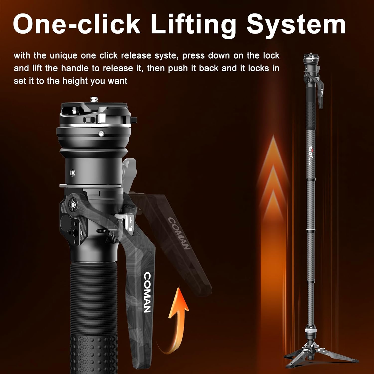 Detalle 2 de COMAN M1S One-Click Lifting Monopod mit Füßen | 65'' Carbonfaser, 360° Ball Bowl Head, Arca Quick Release
