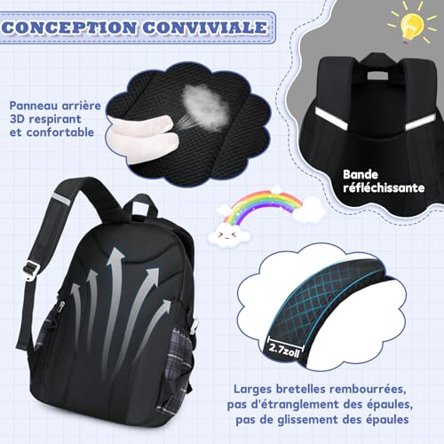 Detalle de Sisipoet Sac à Dos Fille Cartable Carreaux Imperméable – 21L, confort et polyvalence