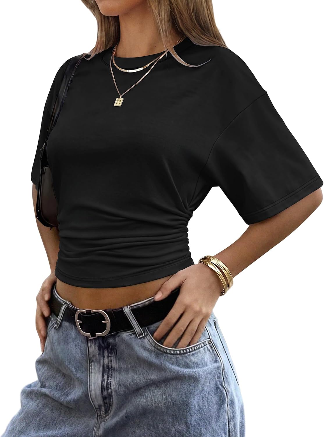 Thumbnail 2 de Sampeel Crop Summer Tops 2026: Batwing Short Sleeve Tee with Ruched Waist
