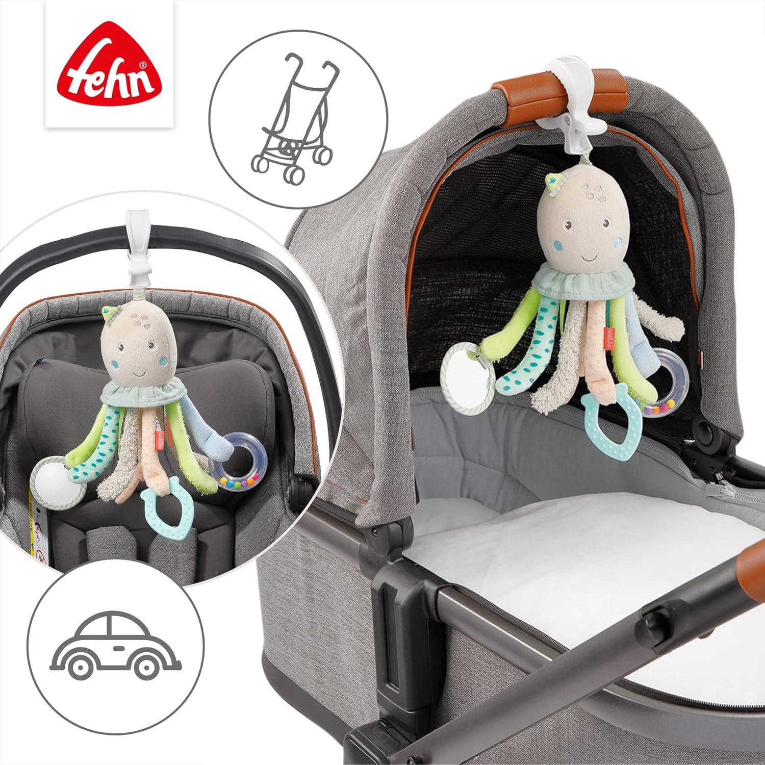 Detalle de Fehn Activity-Spieltier Oktopus – Baby Motorikspielzeug für Kinderwagen, Bett und Babyschale