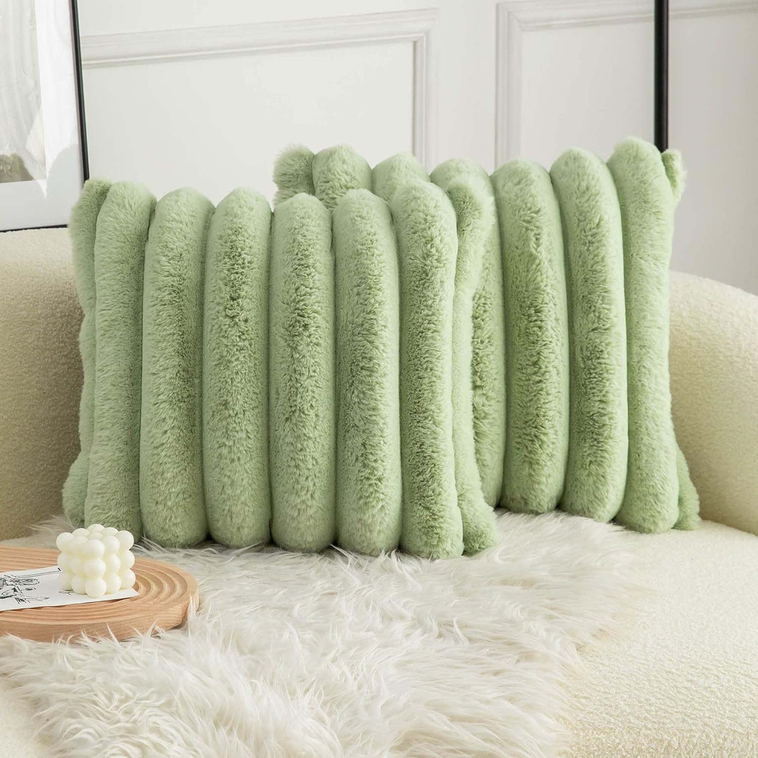 Neelvin Green Faux Fur Cozy Striped Throw Pillow Covers (20x20 inch) – Set of 2