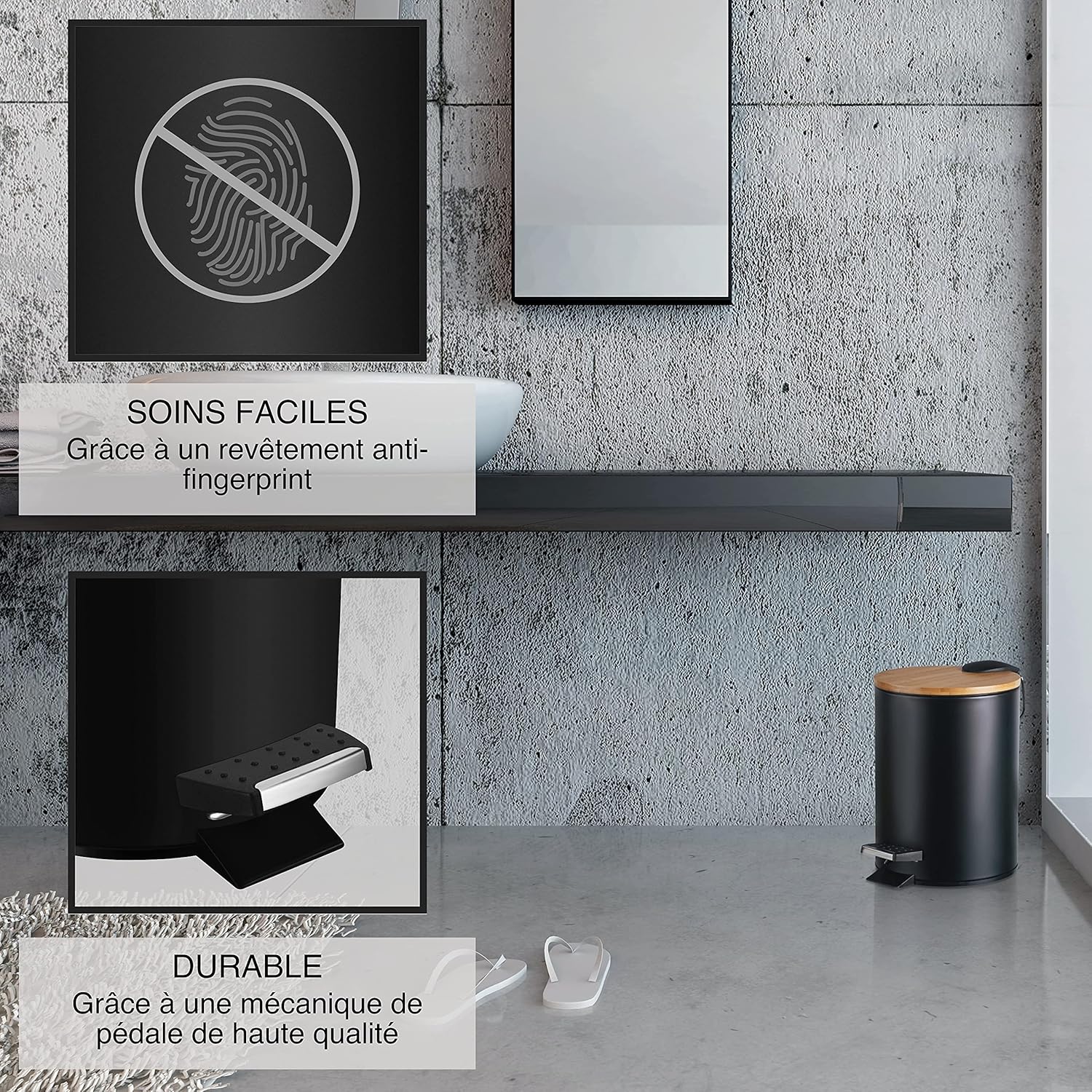 Thumbnail 2 de VMbathrooms Poubelle de salle de bain 3 L – design noir élégant, pédale et Soft Close