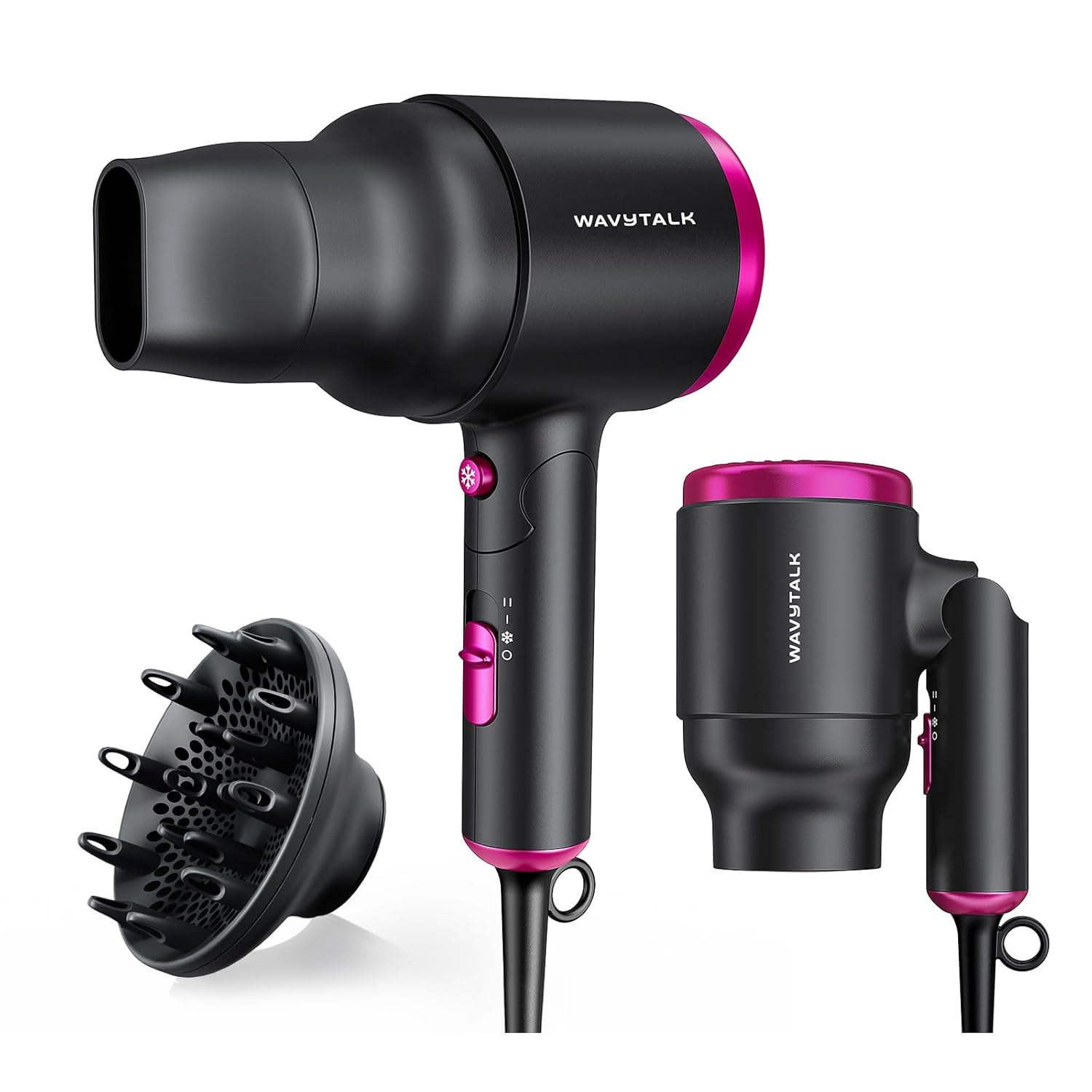 Wavytalk Hair Dryer with Diffuser (Foldable, 1600W) — Compact travel blow dryer for curls and waves, Black