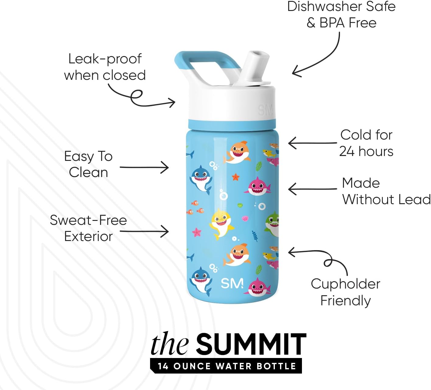 Thumbnail 1 de Simple Modern Kids Summit Straw Lid Water Bottle (Baby Shark, 14oz) — Insulated Leakproof Tumbler for Toddlers