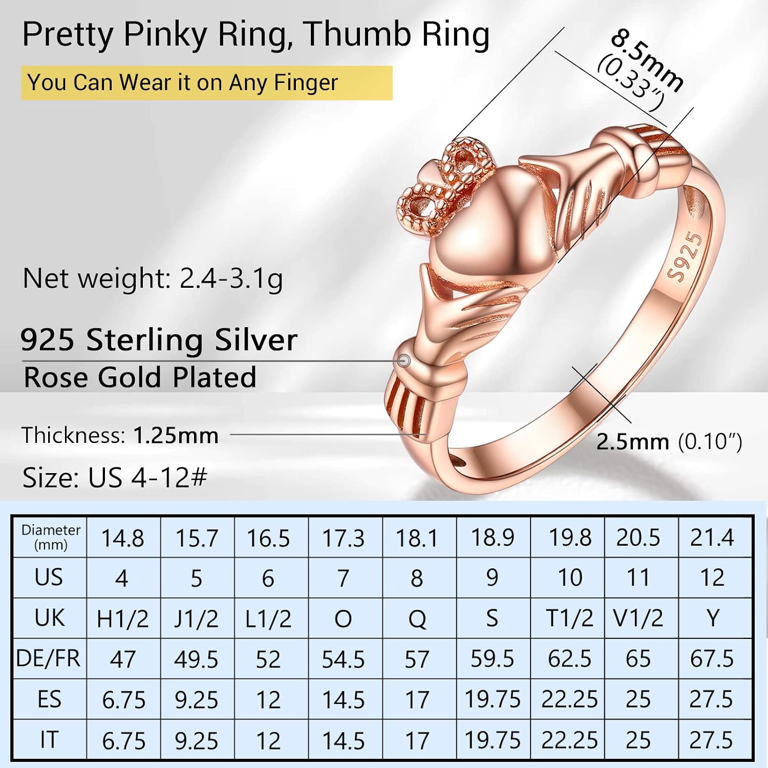Detalle 2 de PROSILVER Bague celtique Irlandaise Claddagh/Tríquetra en argent 925, plaqué or rose, personnalisable (taille 47-67)