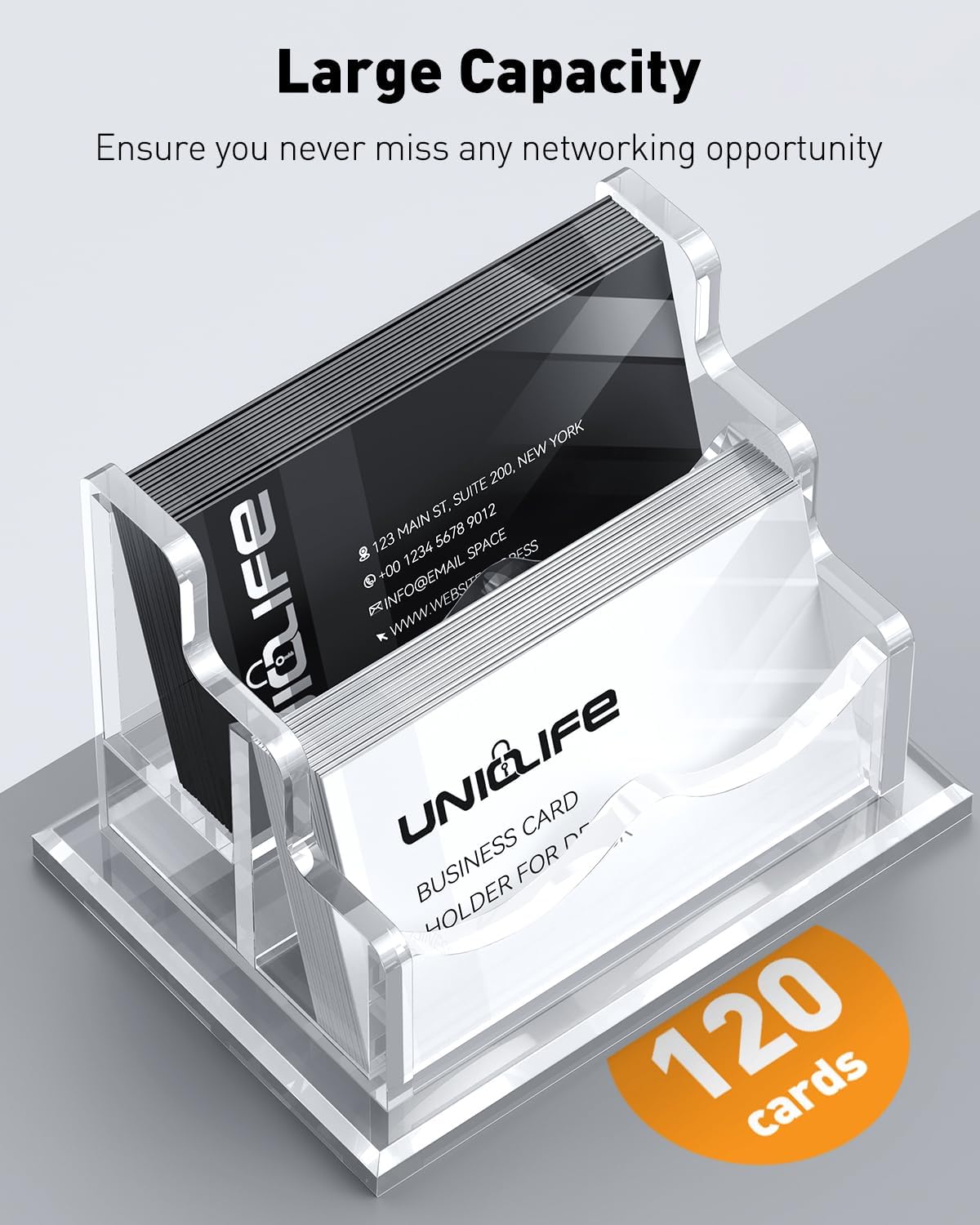 Thumbnail 2 de Uniclife porte-cartes de visite horizontal transparent en acrylique, 2 emplacements (jusqu’à 120 cartes) pour bureau